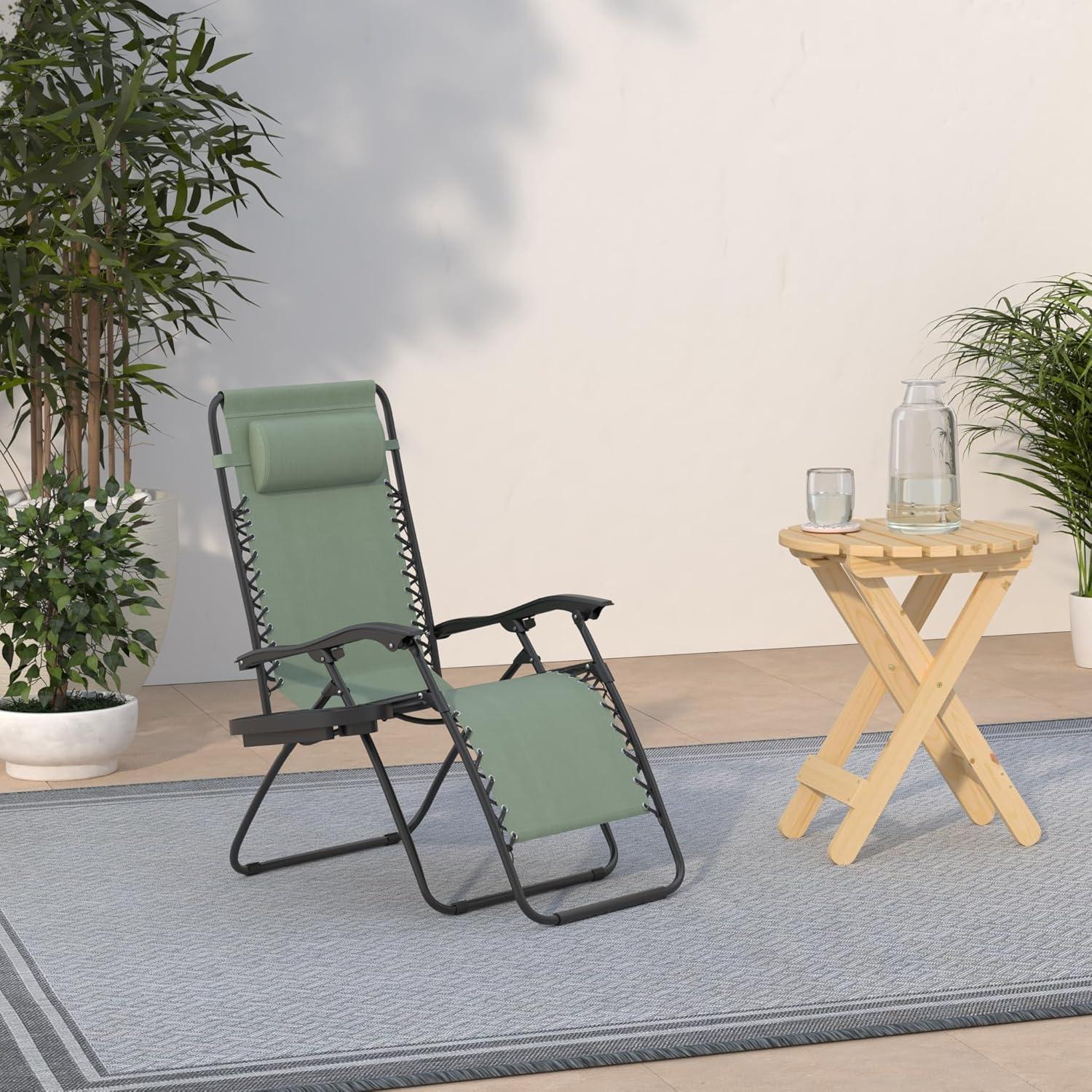 Sage Green Steel Zero Gravity Outdoor Lounge Chairs with Cup Holders