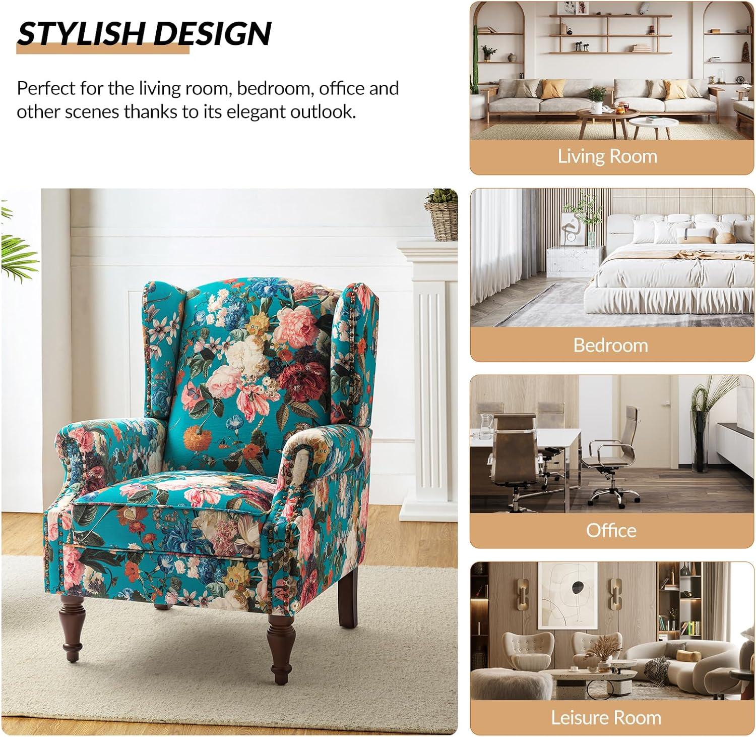 Peacock Floral Wingback Accent Chair with Spindle Legs