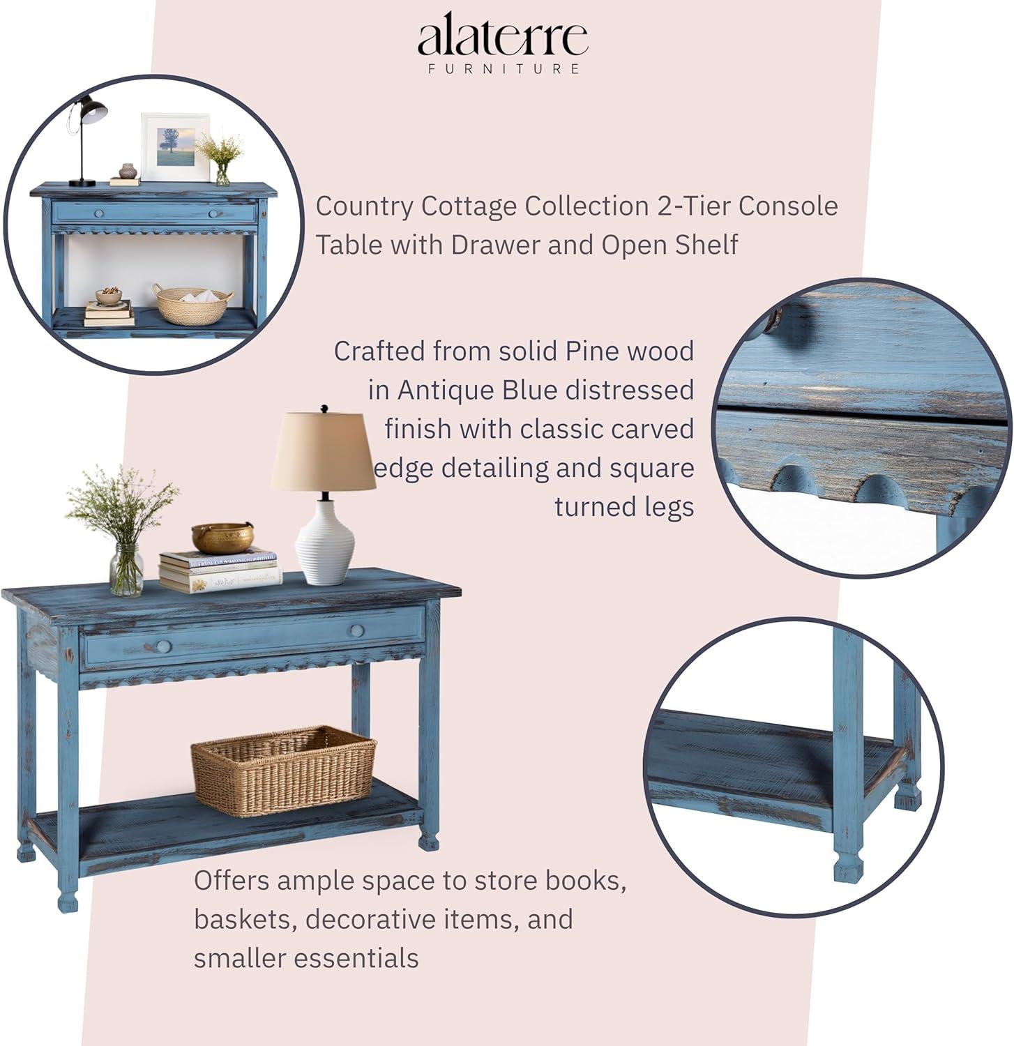 Alaterre Furniture Country Cottage Media/Console Table, Solid Pine Wood Perfect for Living Room, Entryway, Hallway, Blue Antique Finish