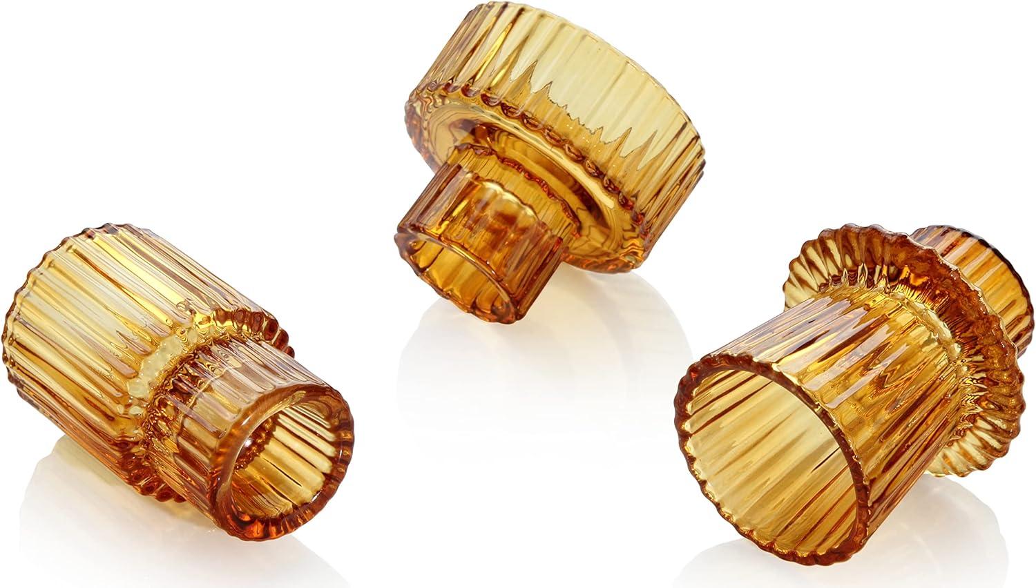 Candlestick Holder Set Of3 Glass Candle Holders for Taper,Pillar,Tealight Candle Amber