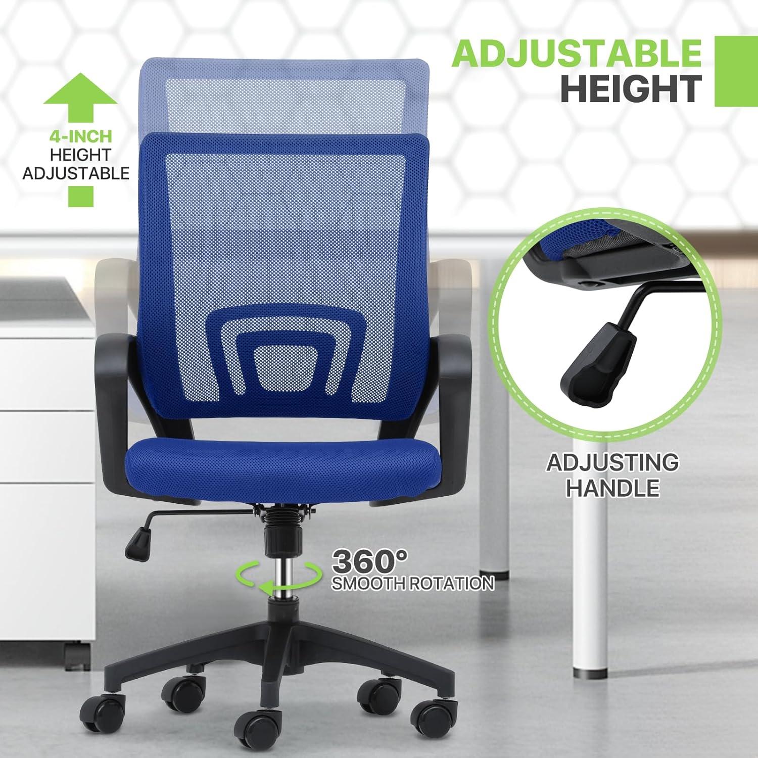 Magshion Set of 2 Office Chairs Mid Back Swivel Desk Chairs, Height Adjustable Ergonomic Mesh Computer Chairs with Armrest & Lumbar Support, Navy Blue