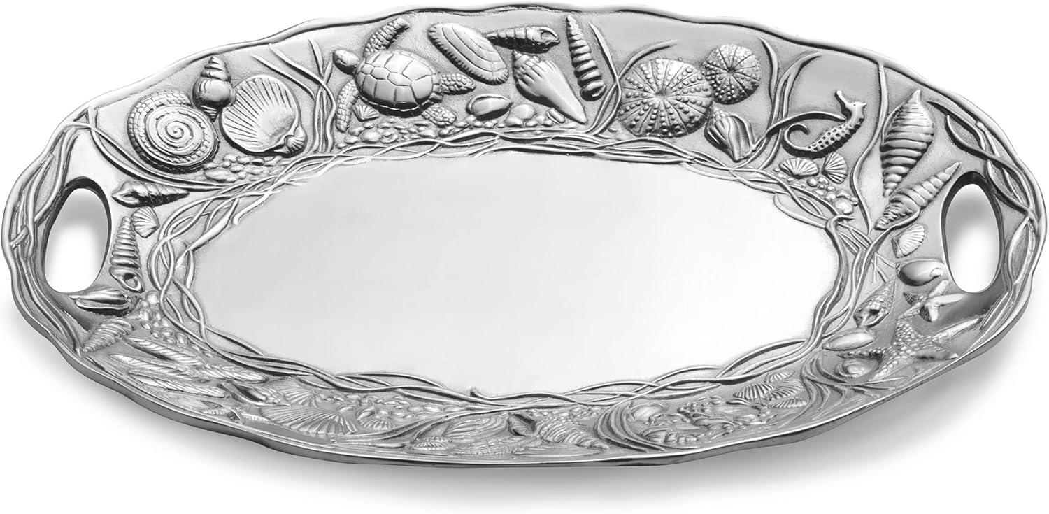 Coastal Silver Alloy Handle Tray with Ocean Motifs