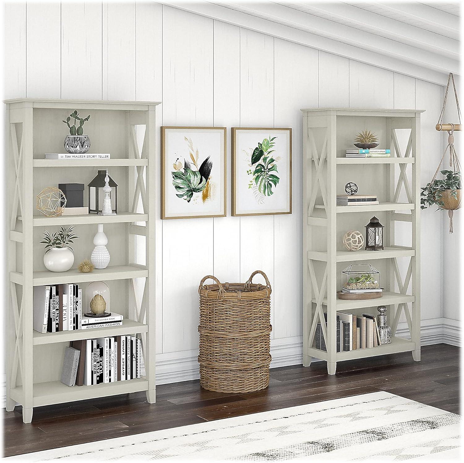 Bush Furniture Key West Tall 5 Shelf Bookcase, Set of 2, Linen White Oak