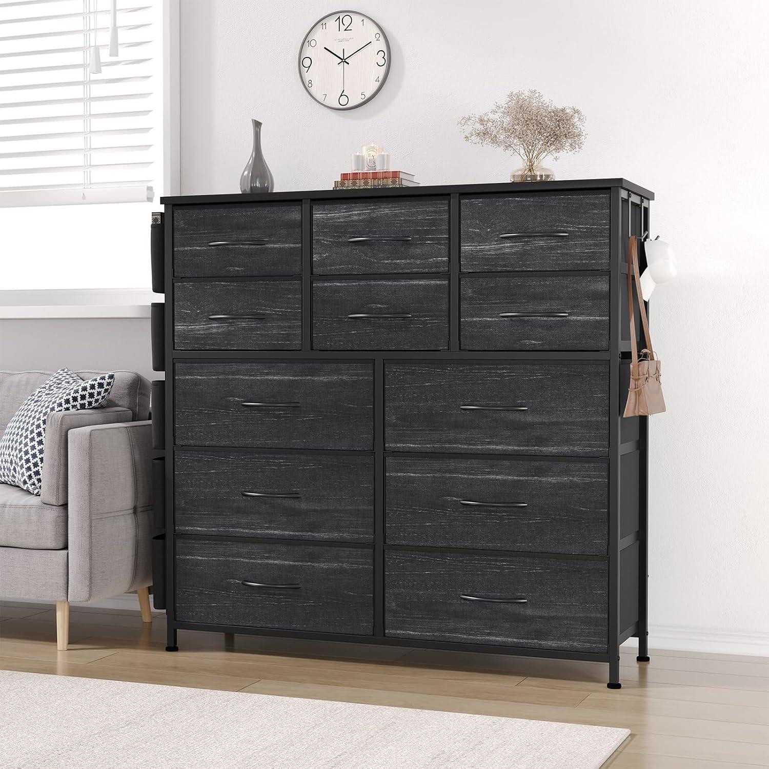 AOWOS Cómoda de 12 Cajones para Dormitorio, Torre de Almacenamiento de Tela, Cómoda Negra con Tapa de Madera, Estructura de Acero Resistente, Unidad Organizadora de Almacenamiento