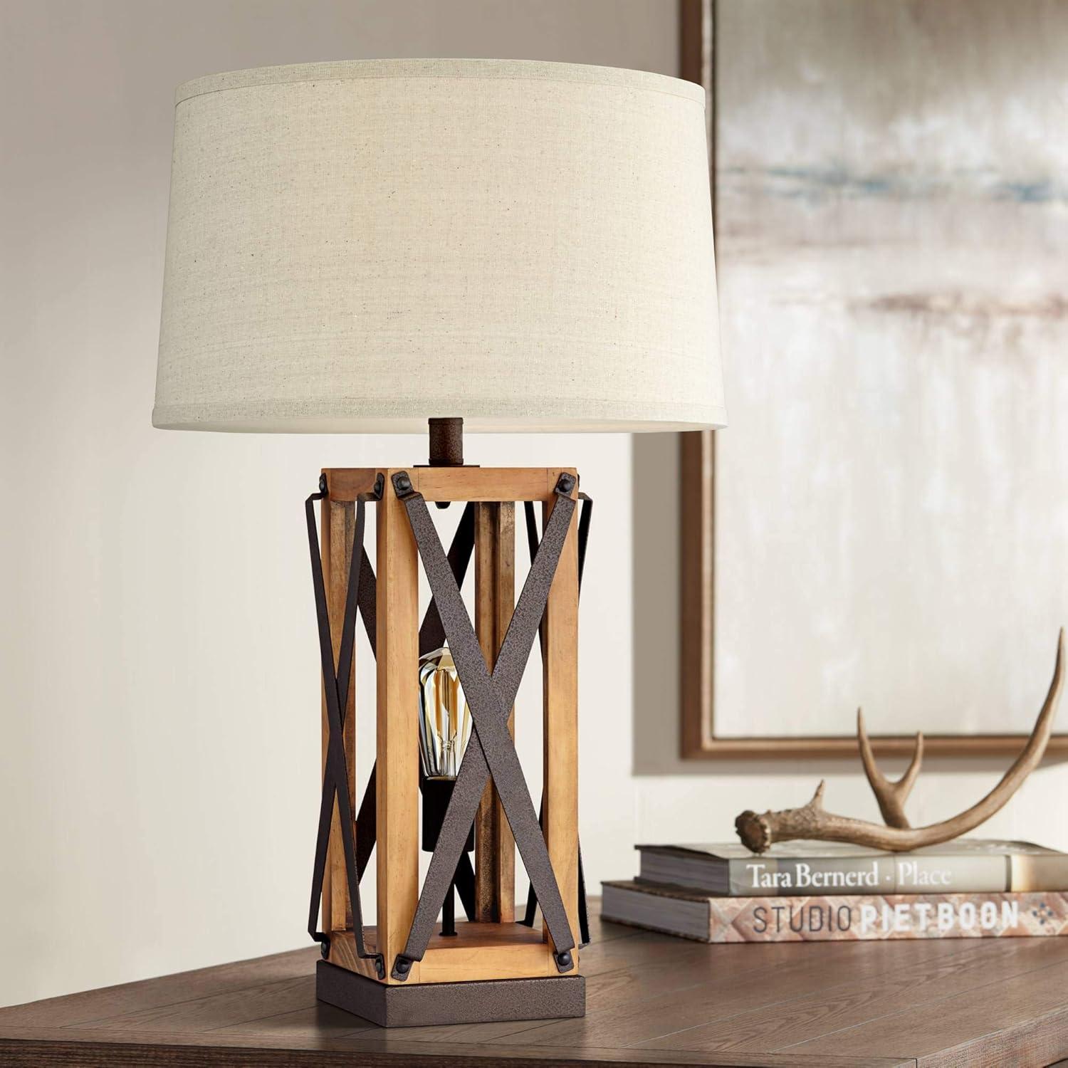 Bronze and Wood Farmhouse Table Lamp with Burlap Shade