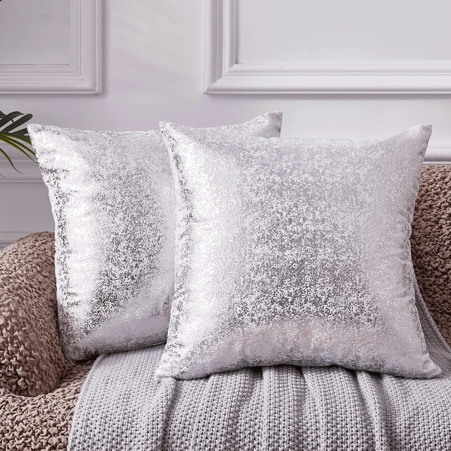 Silver Velvet Bliss Pillow Covers - Set of 2 White 18x18 Decorative Square Throw Pillows for Home Decor. Ideal for Bedroom, Living Room, Couch, Bed, and Sofa. Luxurious White and Silver Design.
