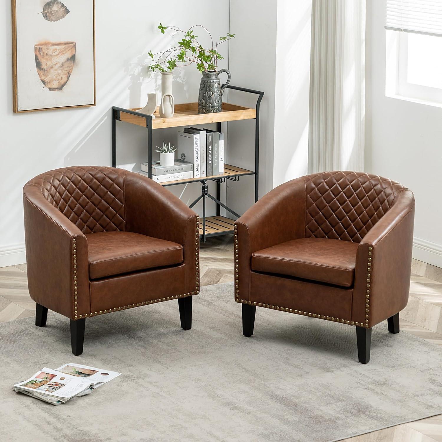 Brown Faux Leather Barrel Chairs with Nailhead Trim, Set of 2