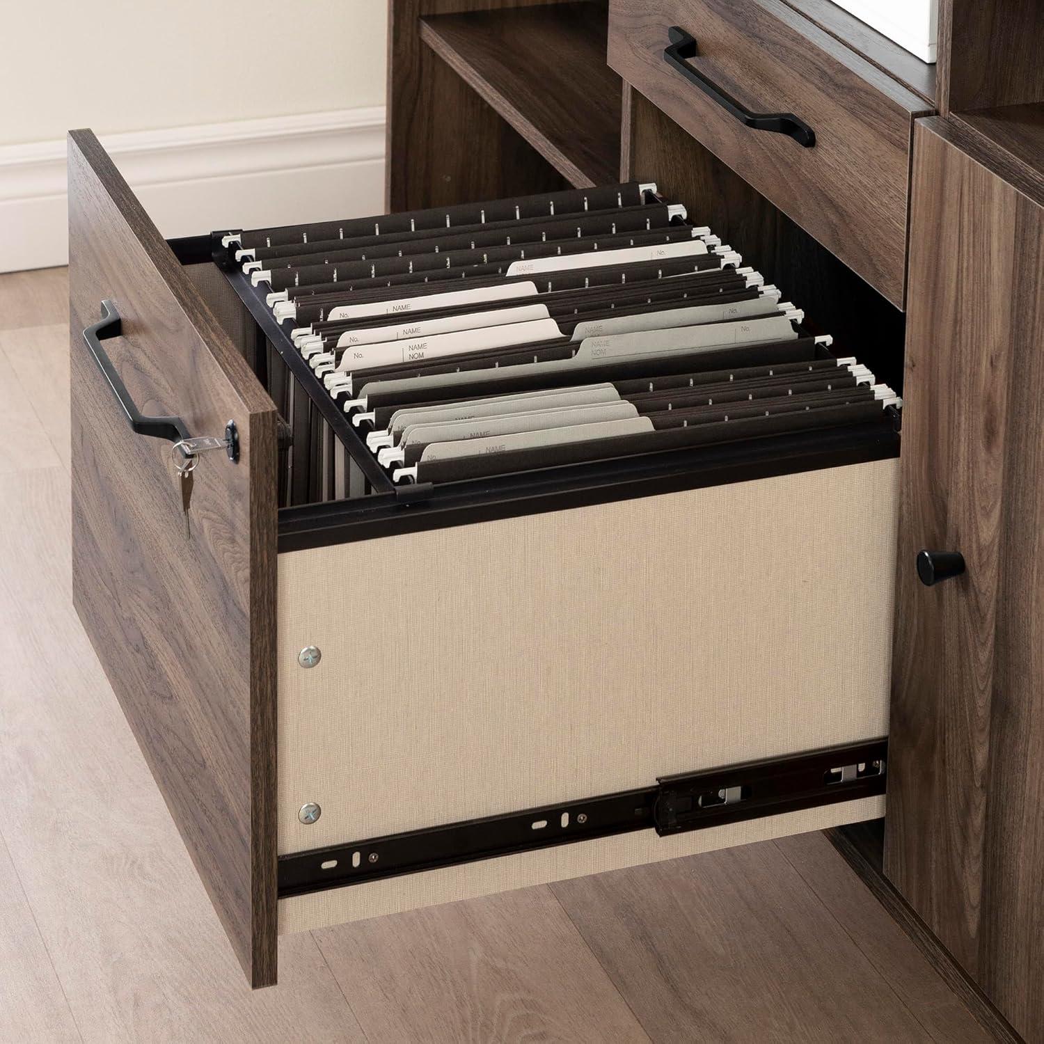 Natural Walnut L-Shaped Executive Desk with Hutch and Power Outlet