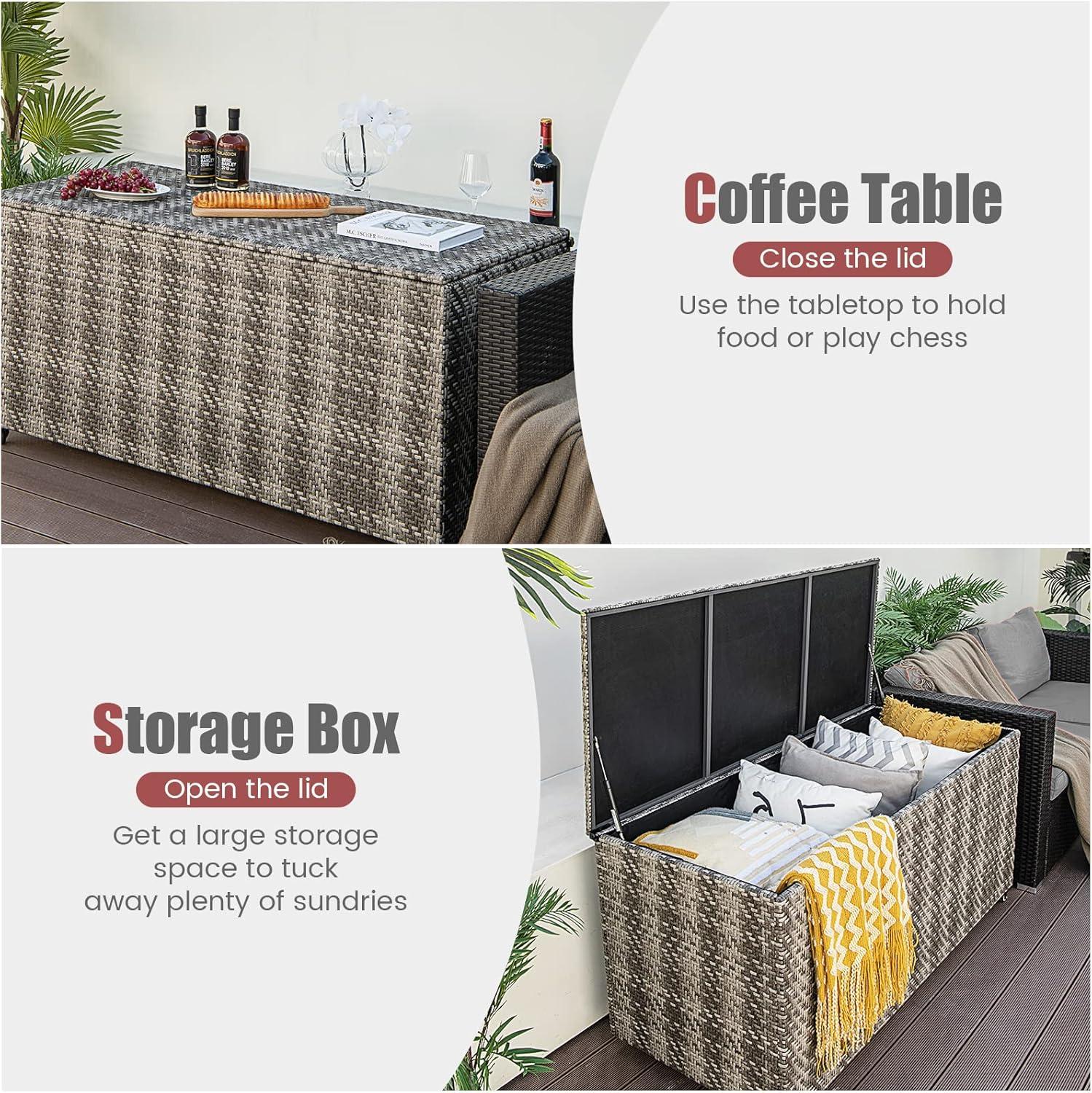 Costway 96 Gallon Patio Rattan Storage Deck Box Container Garden Liner Wheels Mix Grey