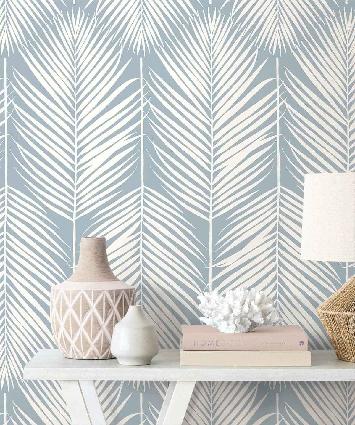 Seabrook Designs Light Blue Palm Silhouette Prepasted Wallpaper