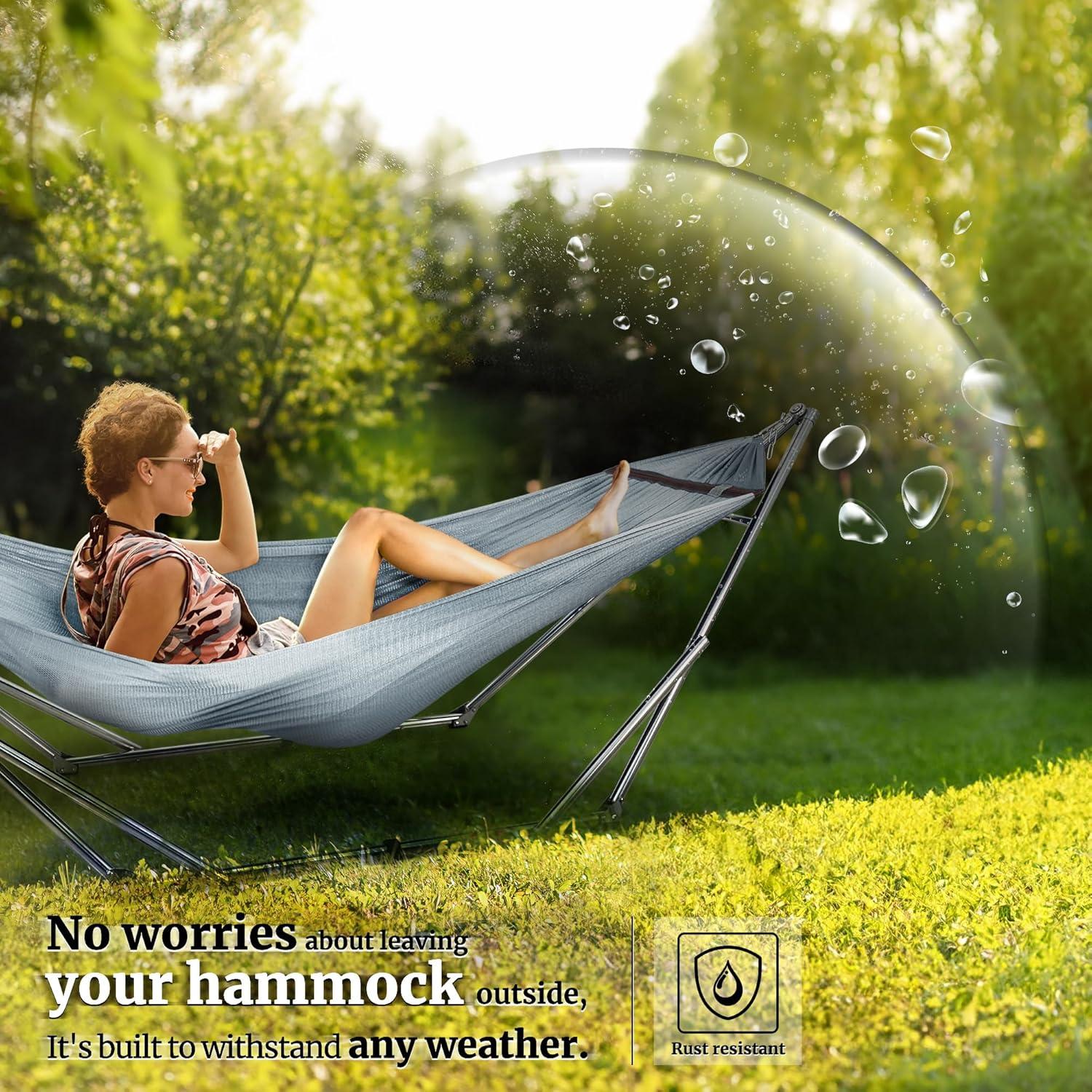 Tranquillo Adjustable Hammock Stand, Collapsible Camping Hammock and Stand, 650 lbs Capacity Deluxe Double Hammock Stand for 2 Persons, Portable Everywhere Easy Assembly Non-Slip and Noise-Free, Grey