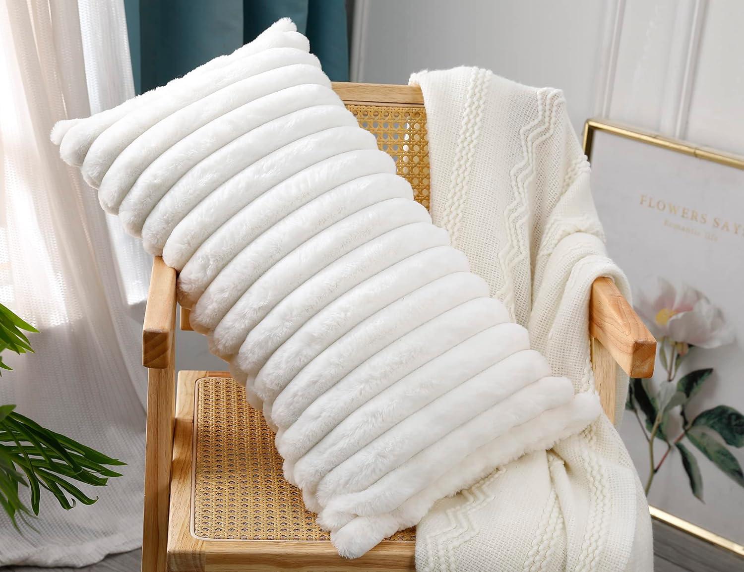 PANOD Faux Fur Decorative Lumbar Throw Pillow Covers 12 x 24,Long Boho Lumbar Pillow Covers Pillow Case Cushion Case for Bed Sofa Farmhouse Livingroom,White