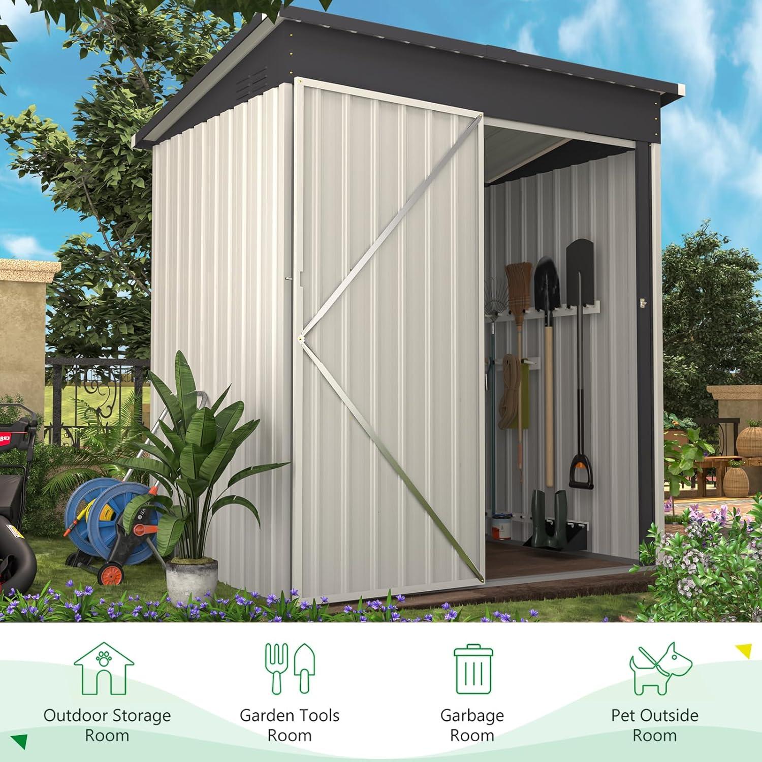 AECOJOY 5' x 3' Outdoor Storage Shed, Small Metal Shed with Lockable Door, Utility and Tool Storage for Garden, Backyard, Patio, Outside use in White