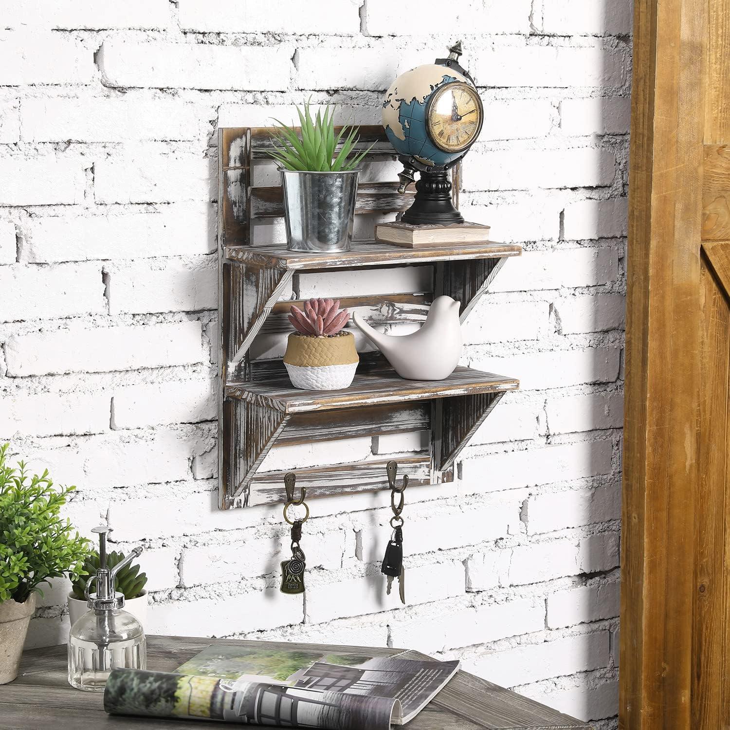 Rustic Torched Wood 2-Tier Wall Shelf with Key Hooks