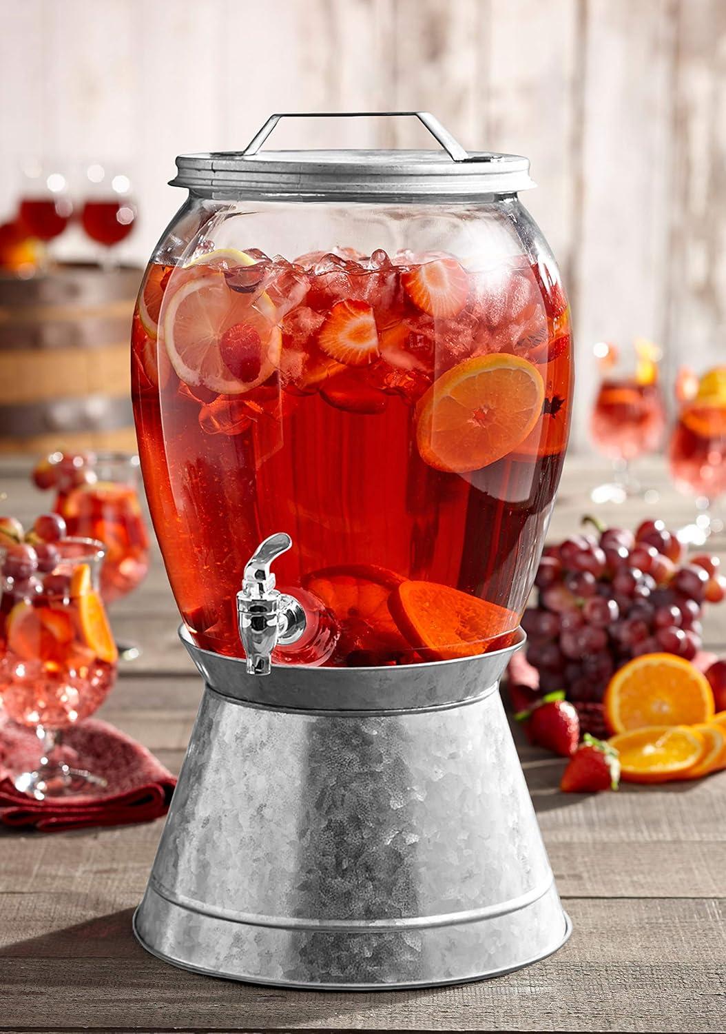 Large Clear Glass Beverage Dispenser with Galvanized Base