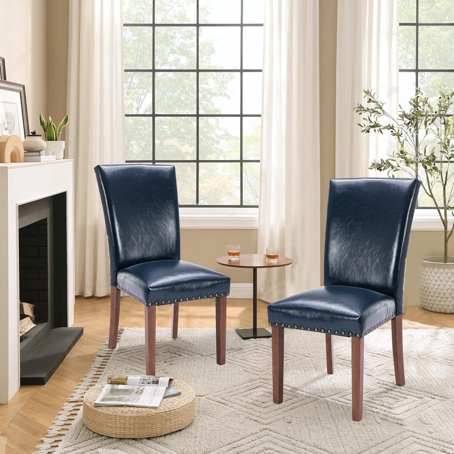 COLAMY Upholstered Dining Chairs Set of 2, PU Leather Dining Room Chairs with Nailhead Trim and Wood Legs - Blue