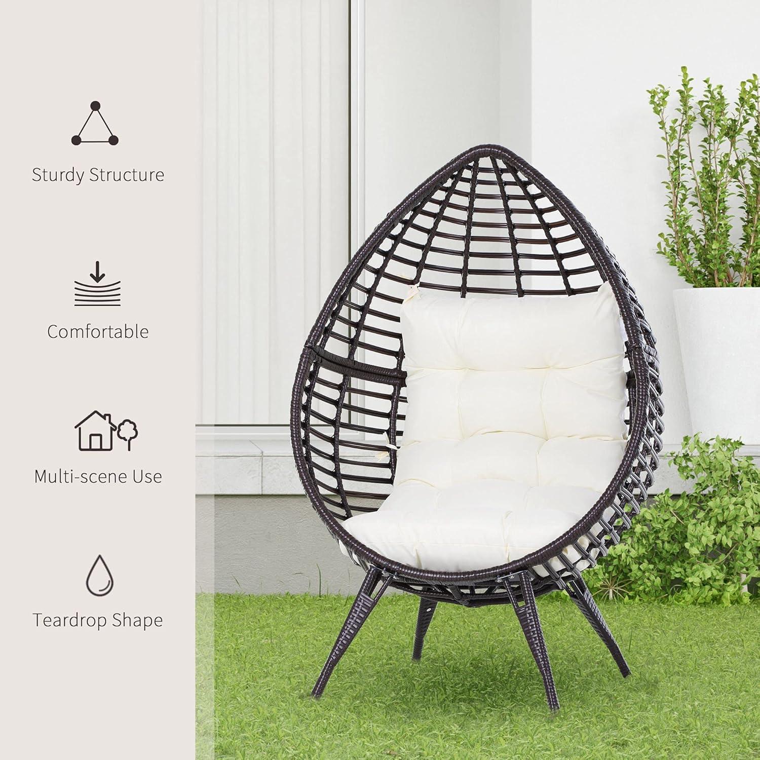 Outsunny Wicker Egg Chair, Oversized Indoor Outdoor Boho Lounge, Hand-Woven Water-Safe PE Rattan Furniture with Cushion, Beige