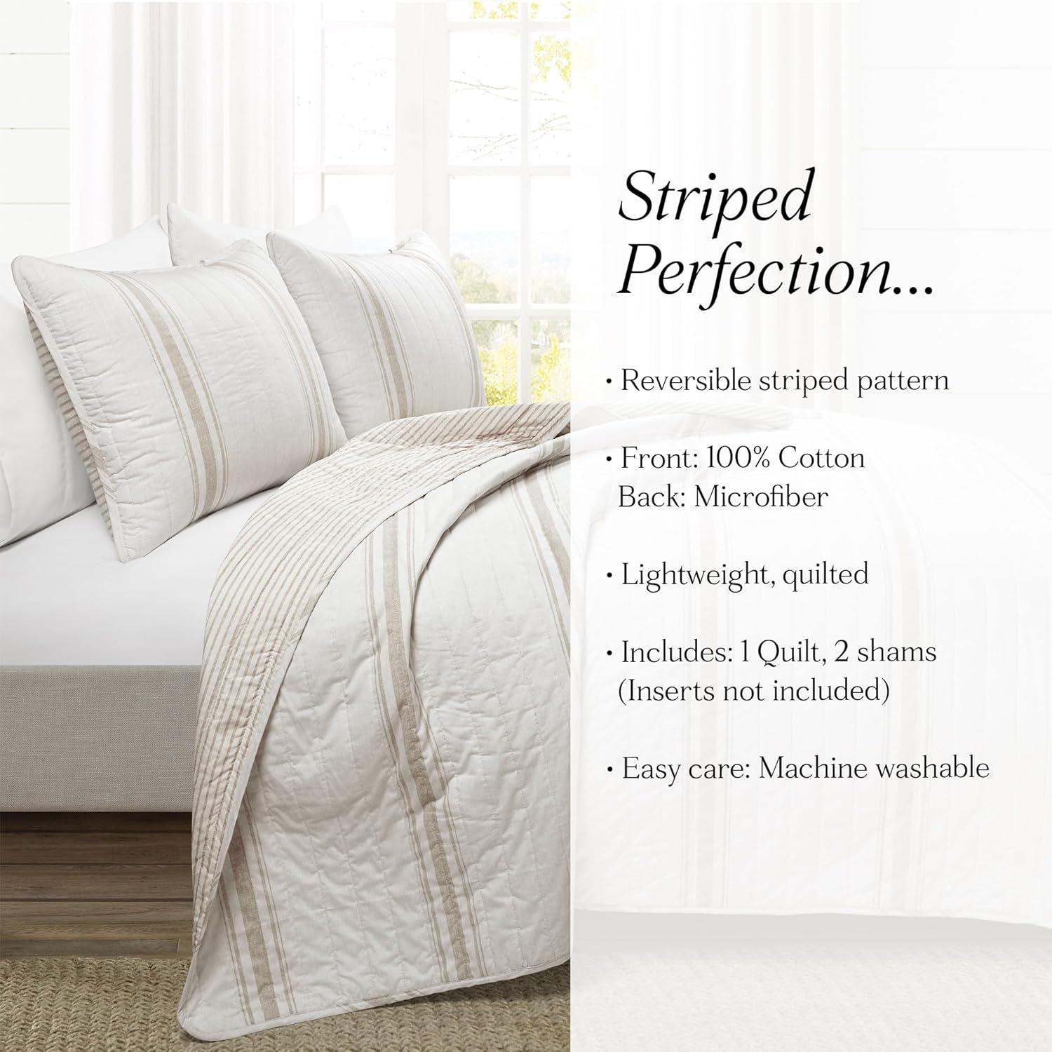 3pc Full/Queen Farmhouse Striped Reversible Quilt Bedding Set Beige - Lush Décor