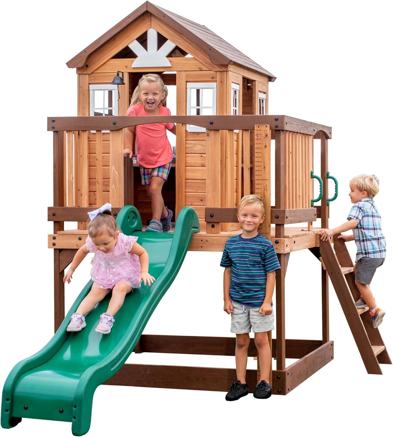 Backyard Discovery Echo Heights Cedar Wooden Elevated Kids Playhouse with Wave Slide, Play Kitchen, and Deck & Reviews | Wayfair
