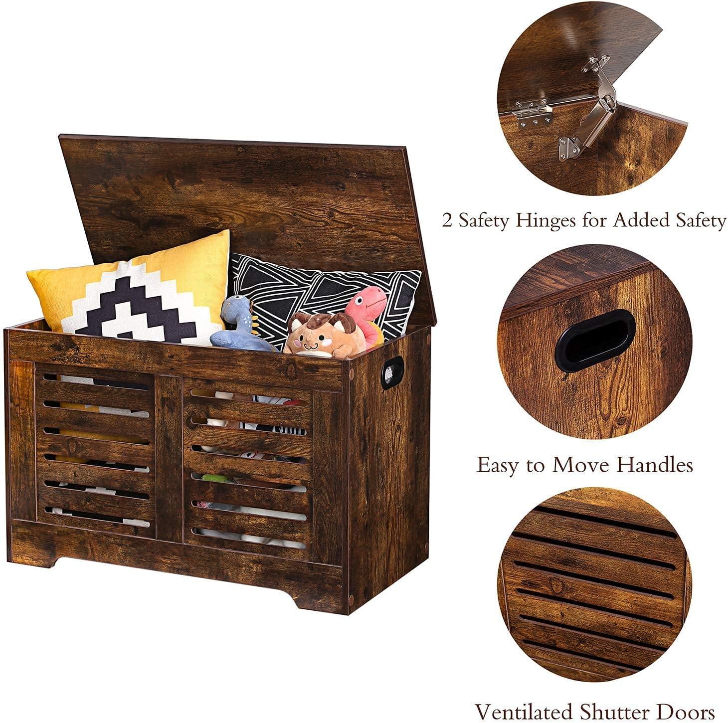 Rustic Brown Wooden Flip-Top Storage Chest with Safety Hinges