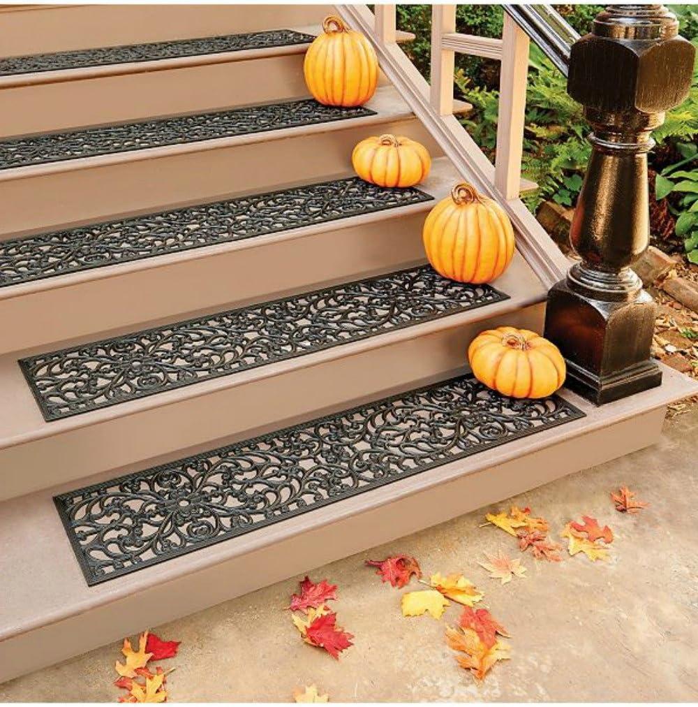 Decorative Scrollwork Design Rubber Stairs Anti-Slip Tread Mat Carpet, Set of 4