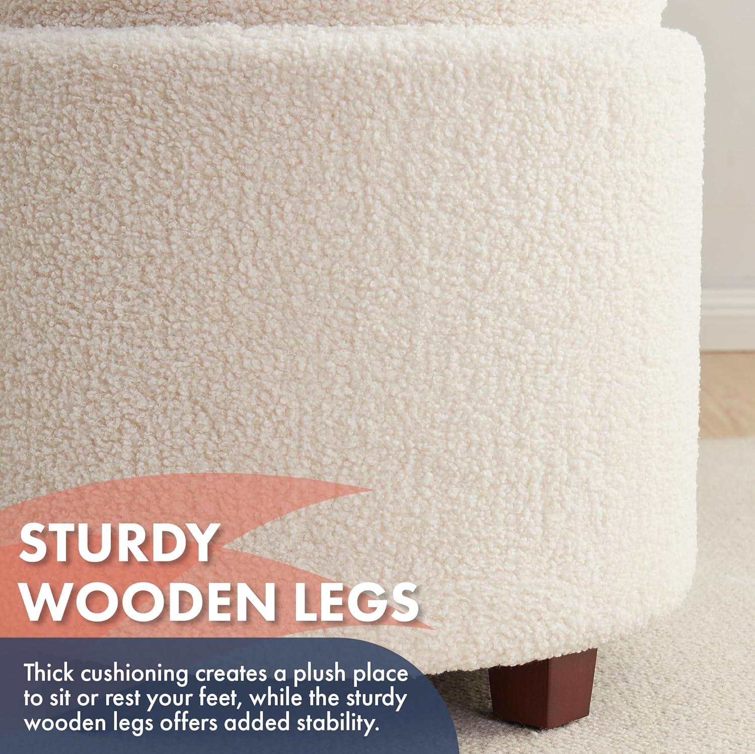 Ornavo Home Lawrence Round Storage Ottoman with Table Top Lid - Velvet Cream