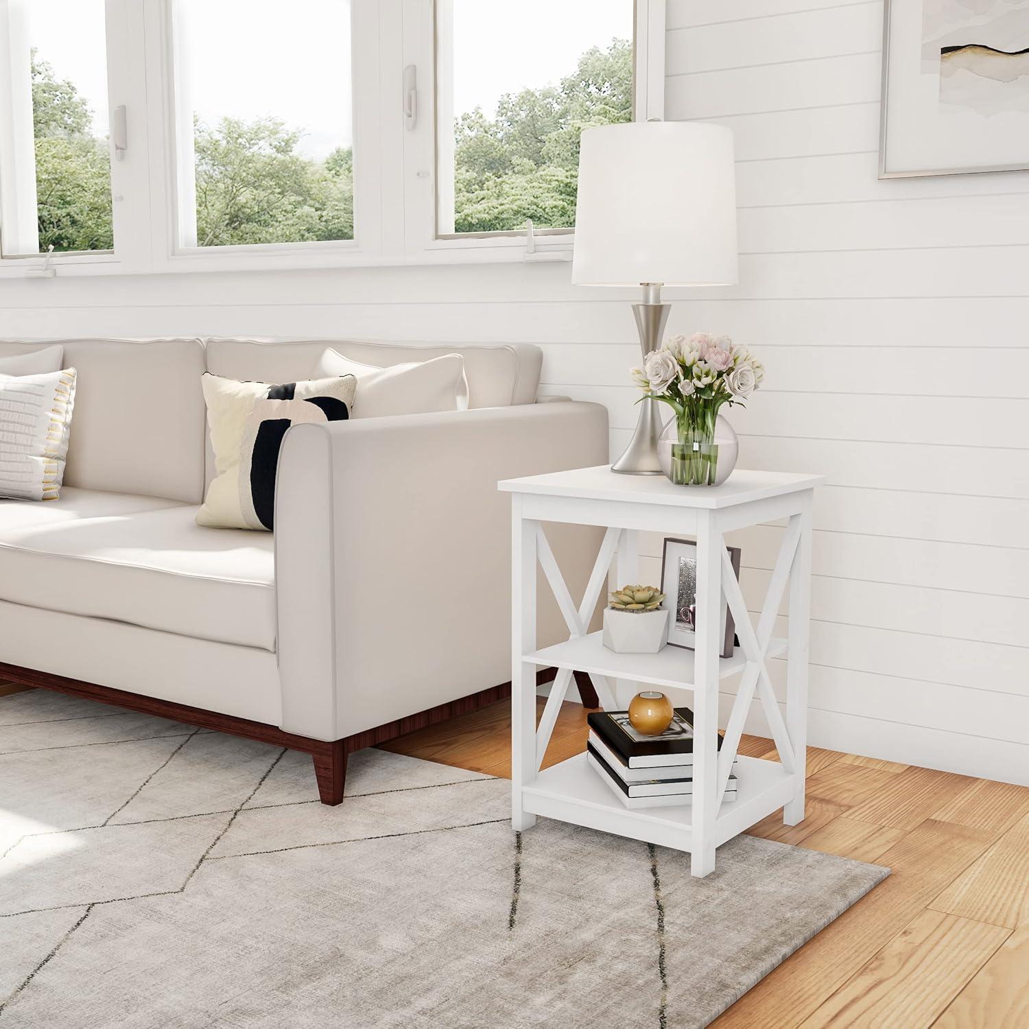 Lavish Home End Table with 2 Shelves and X-Leg Design, White