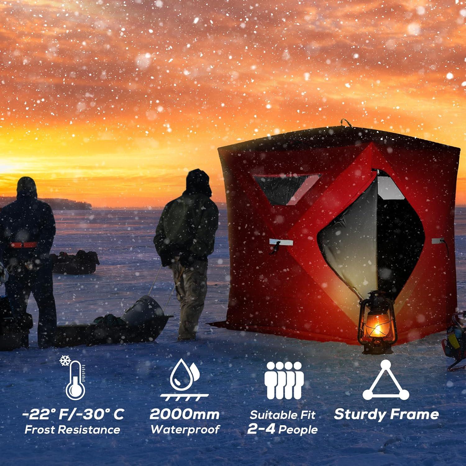 Outsunny 2-4 People Ice Fishing Shelter, Pop-Up Portable Ice Fishing Tent with Carry Bag, Two Doors, Windows and Vents, Ice Shanty for Winter Fishing, Red