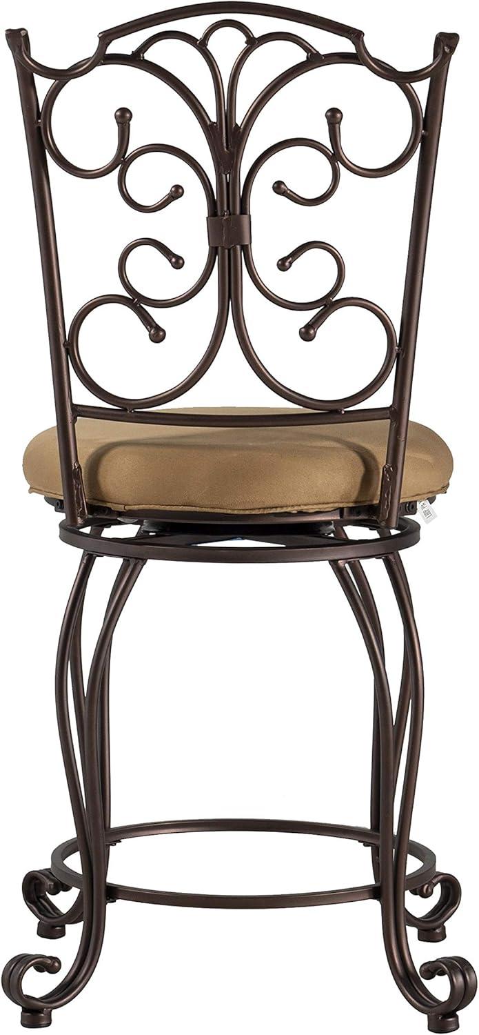 Linon Gathered Back Counter Stool, Brown, 24 inch Seat Height, Light Brown with Caramel Fabric