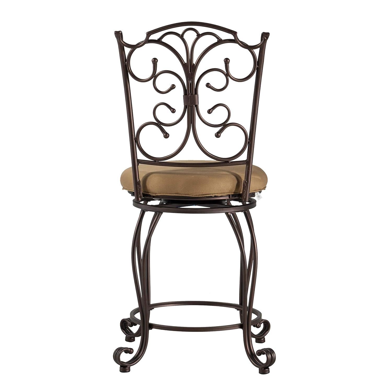 Linon Gathered Back Counter Stool, Brown, 24 inch Seat Height, Light Brown with Caramel Fabric