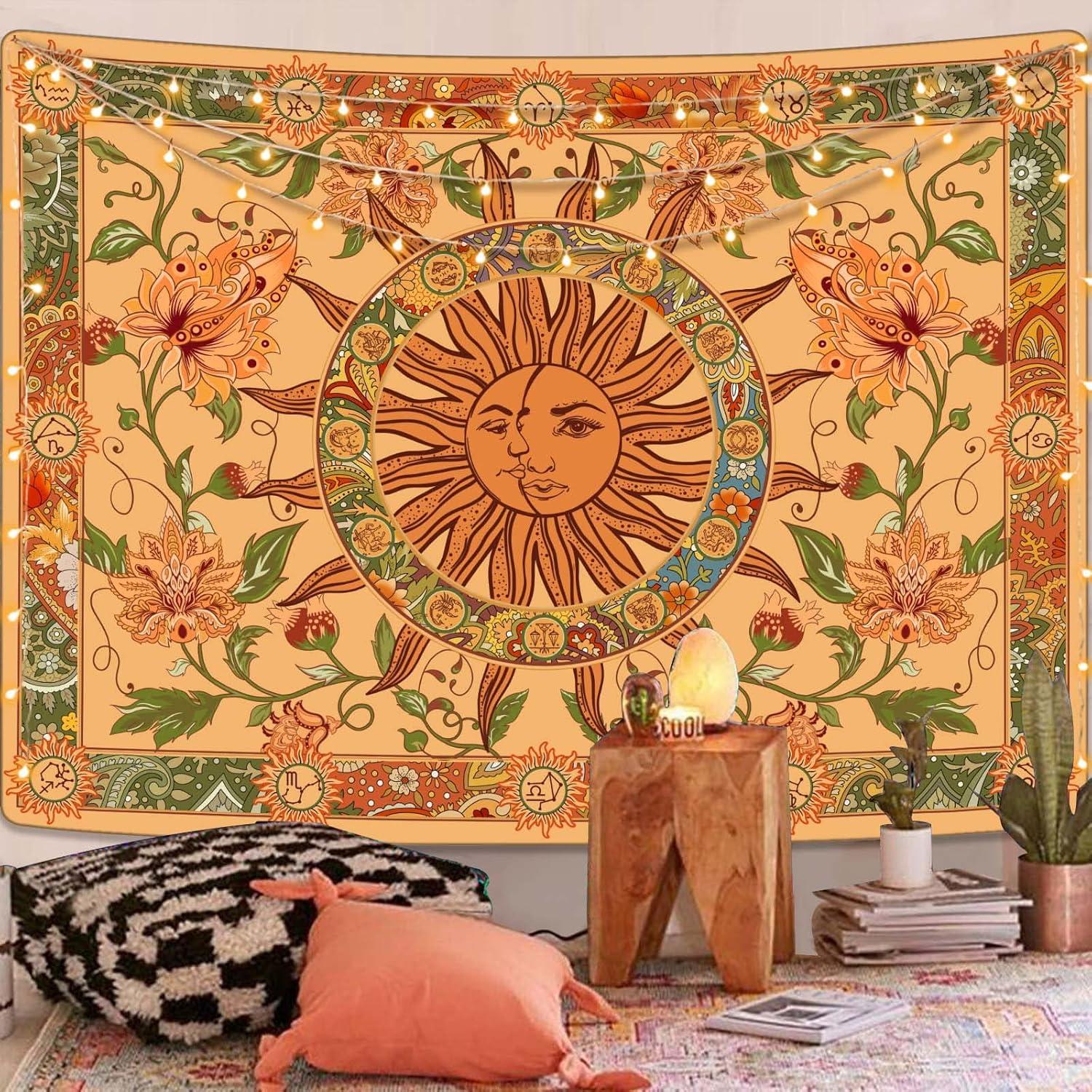 Yellow Sun and Moon Tapestry Vintage Indie Boho Tapestry Wall Hanging with Sunflowers Butterfly Moth Constellation Aesthetic Wall Tapestries for Room Decor (35''high × 47''wide)