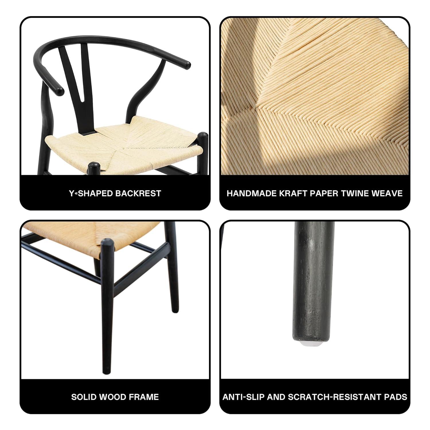 2xhome Set of 2 Wishbone Solid Wood Armchairs with Arms Open Y Back Farmhouse Dining Office Chairs with Woven Black Seat, Black