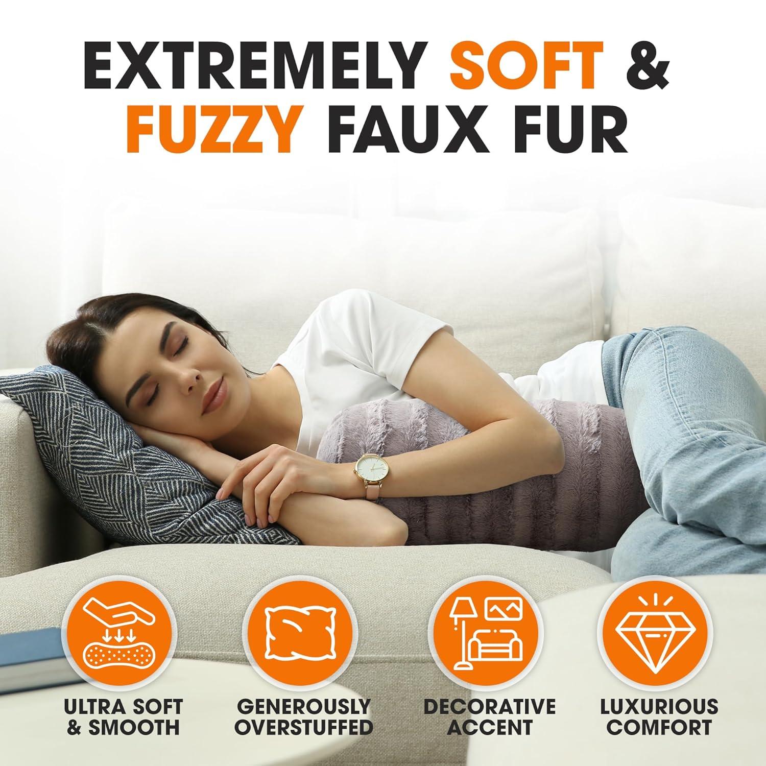 Cheer Collection Decorative Faux Fur Bolster Pillows Set of 2 - Gray (8" x 24")
