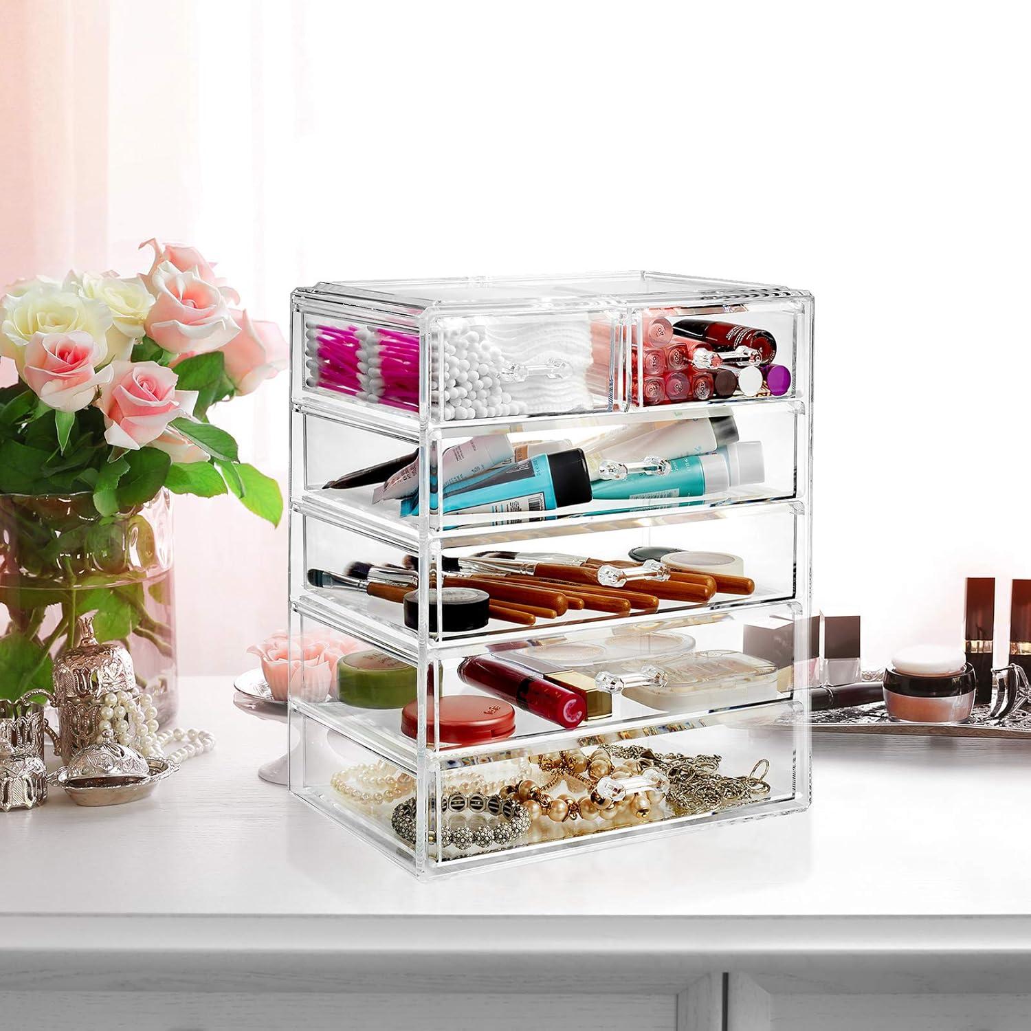 Casafield Makeup Storage Organizer, Clear Acrylic Cosmetic & Jewelry Organizer with 4 Large and 2 Small Drawers