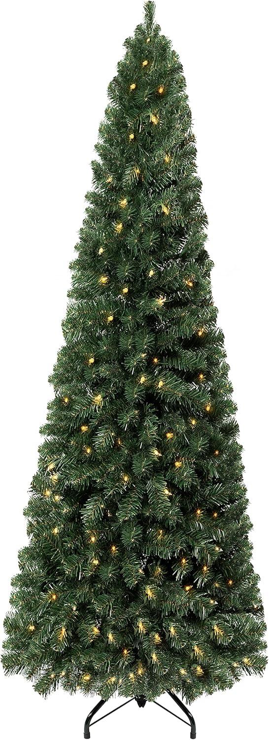 Vienna 7.5ft Prelit Slim Artificial Christmas Tree with 1102 Branch Tips, 350 Warm Lights and Metal Stand, 34" wide Realistic Skinny Pencil Christmas Tree with Lights by Naomi Home