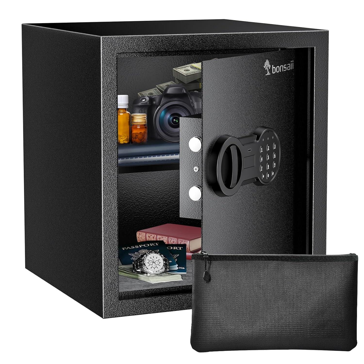 Bonsaii Safe Box with Bag, 1.28 Cubic Feet Capacity with Digital Keypad Lock, Removable Shelf for Documents, Money, Medicines, Valuables