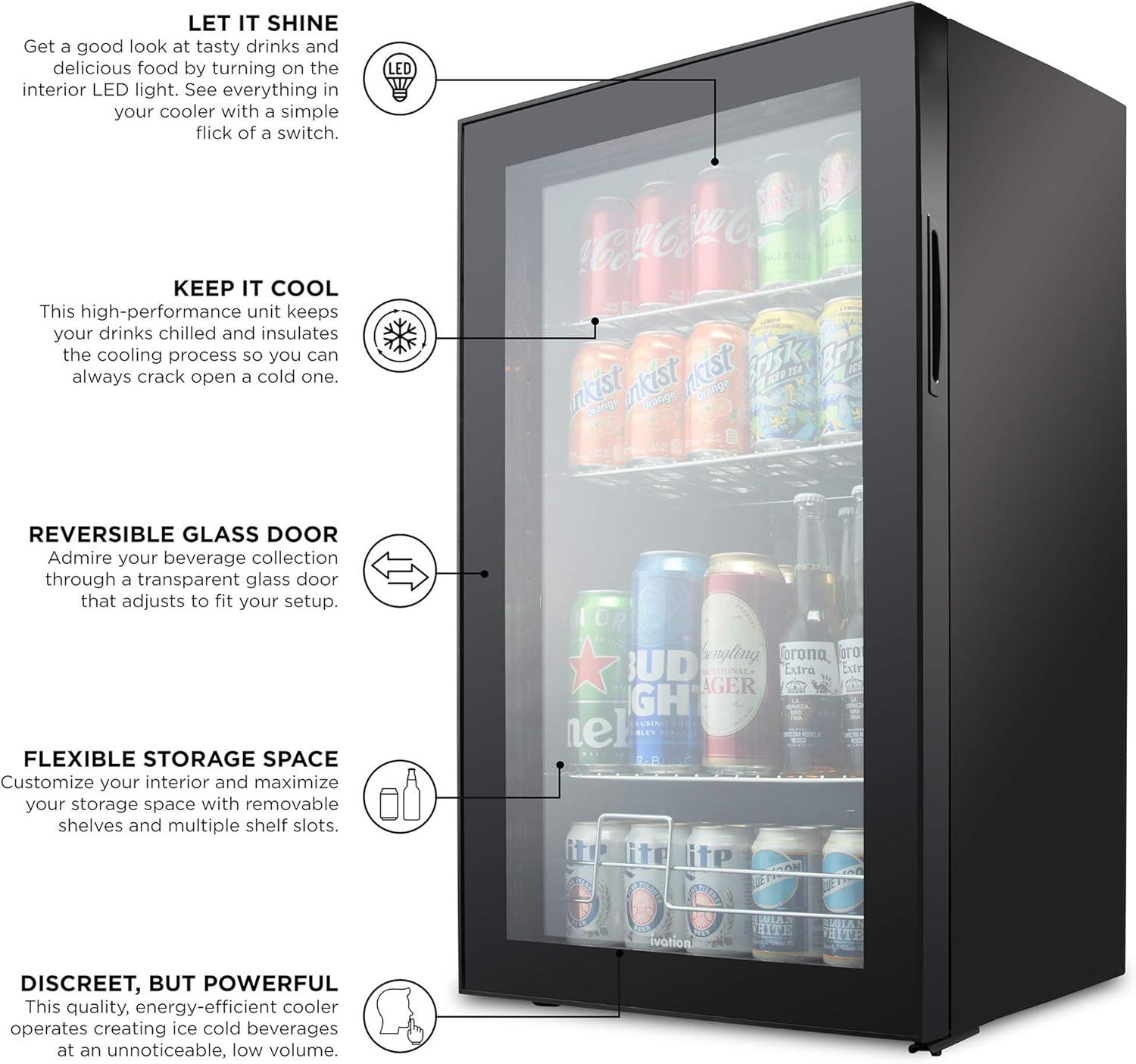 Ivation 126 Can Beverage Refrigerator, Freestanding Mini Fridge with Glass Door - Black