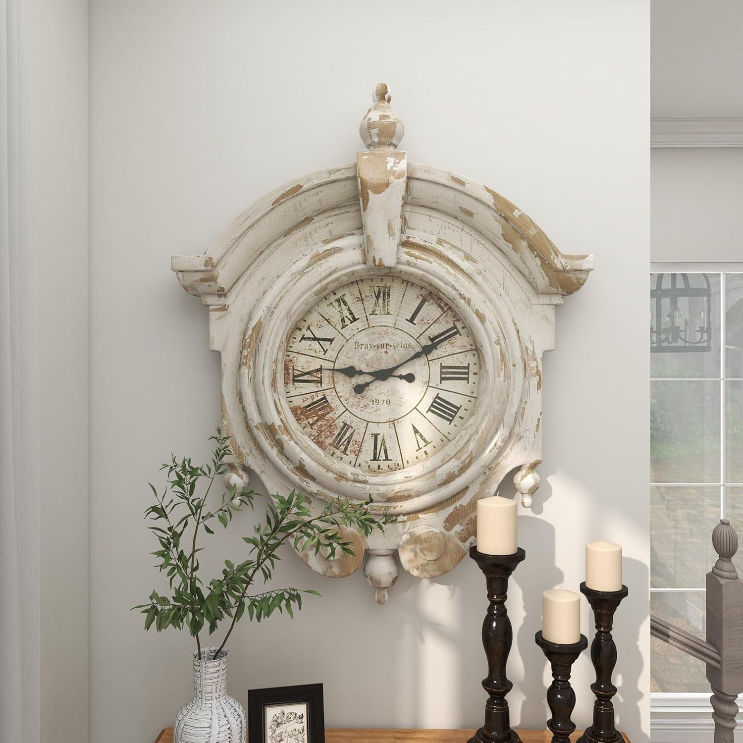 Golub Brown Fiberglass Carved Scroll Wall Clock with Distressing 34" x 6" x 44"