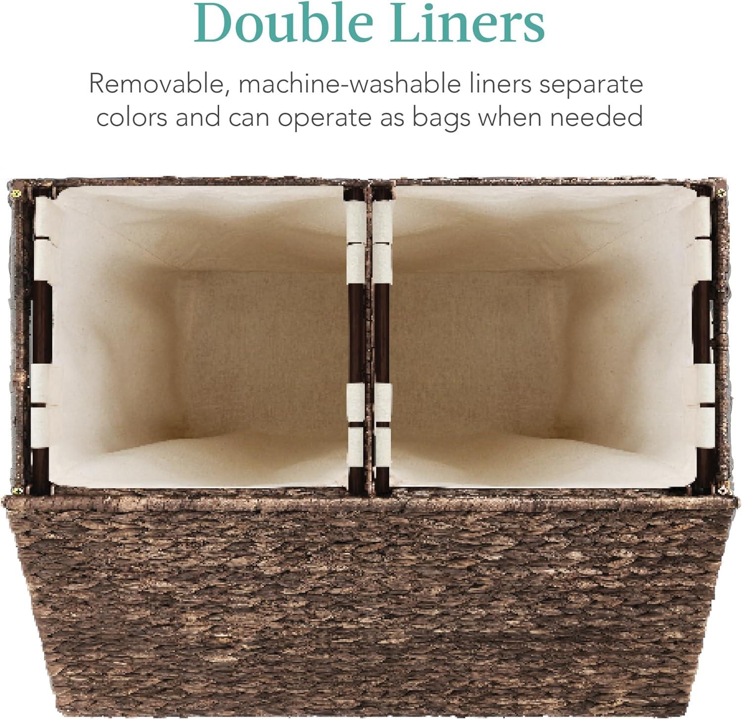 Best Choice Products Large Natural Water Hyacinth Double Laundry Hamper Basket w/ 2 Liner Bags, Handles - Espresso