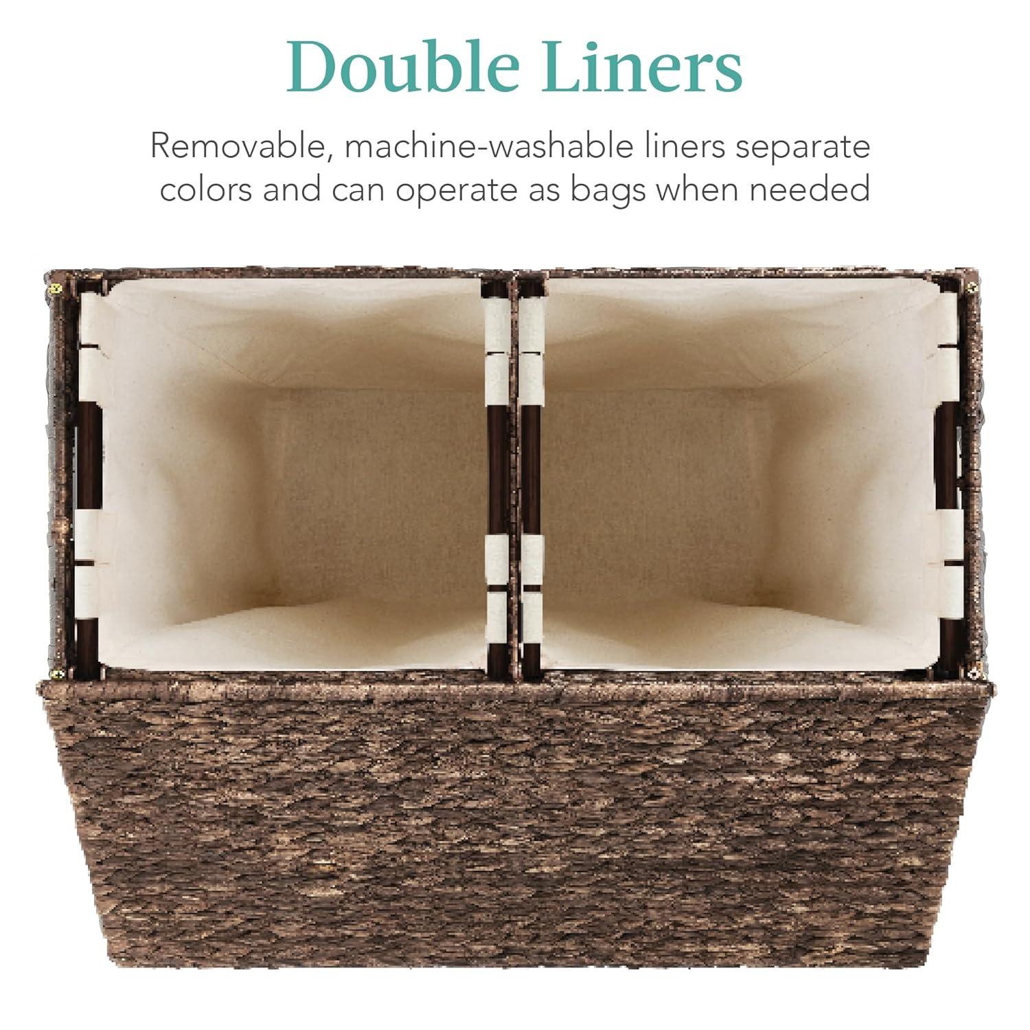 Bayou Breeze Large Water Hyacinth Double Laundry Hamper Basket w/ 2 Liner Bags, Handles