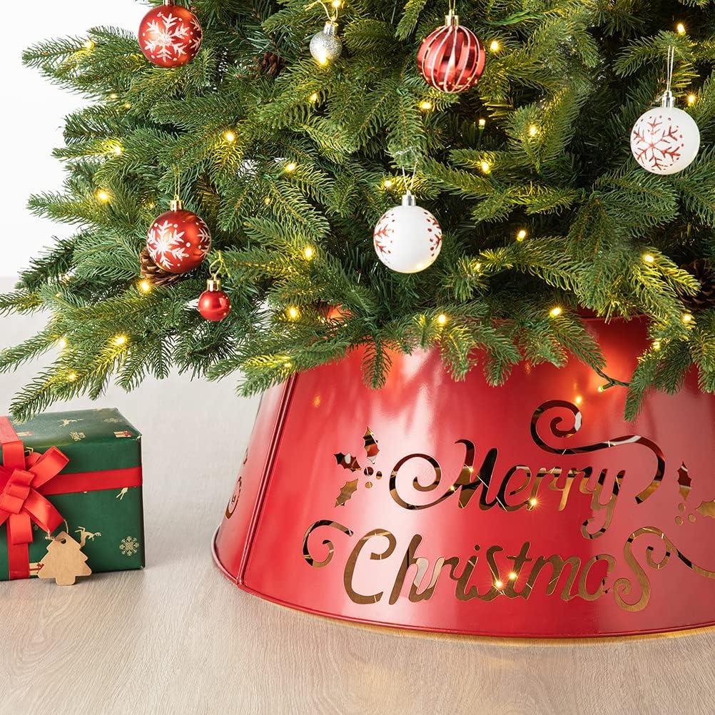 Red Metal Merry Christmas Tree Collar with Lights