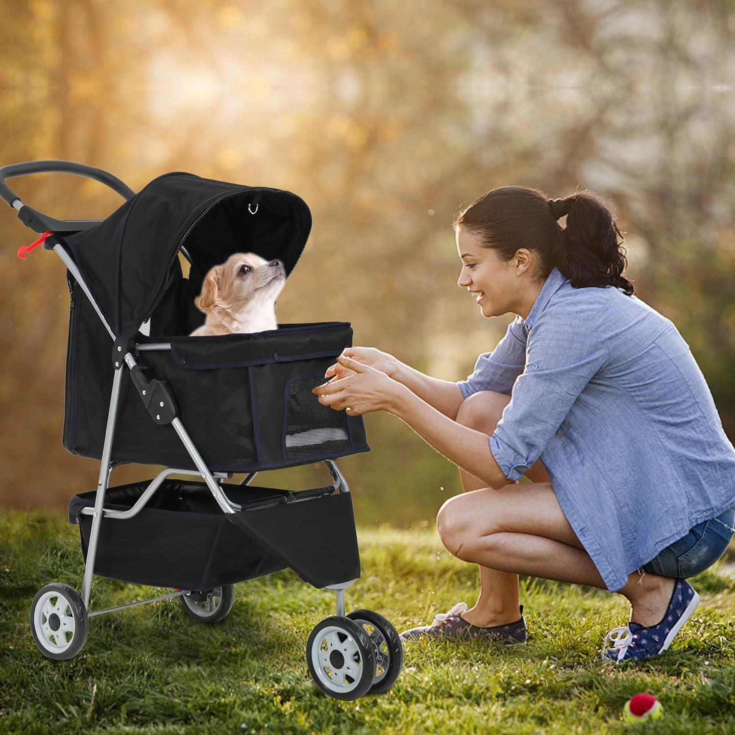 Dog Stroller, 3 Wheels Pet Cat Jogger Stroller, Folding Carrier Waterproof Puppy Stroller with Cup Holder & Removable Liner, Dog Strollers for Small Dogs, for Small and Medium Pets