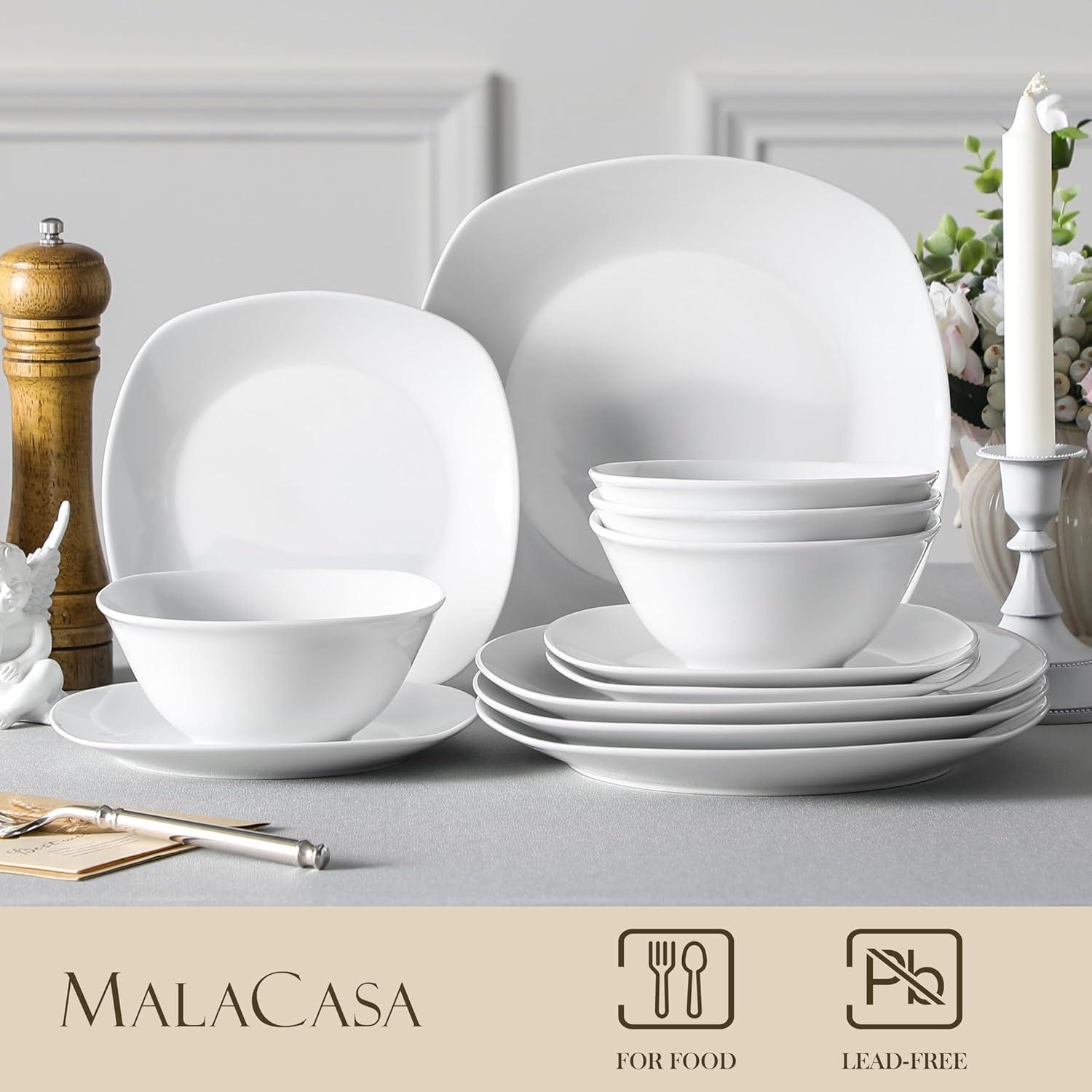 MALACASA Plates and Bowls Set, 12 Pieces Porcelain Dinnerware Sets, Gray White Dishes Set for 4, Chip and Scratch Resistant Square Dishware Sets, Series ELISA