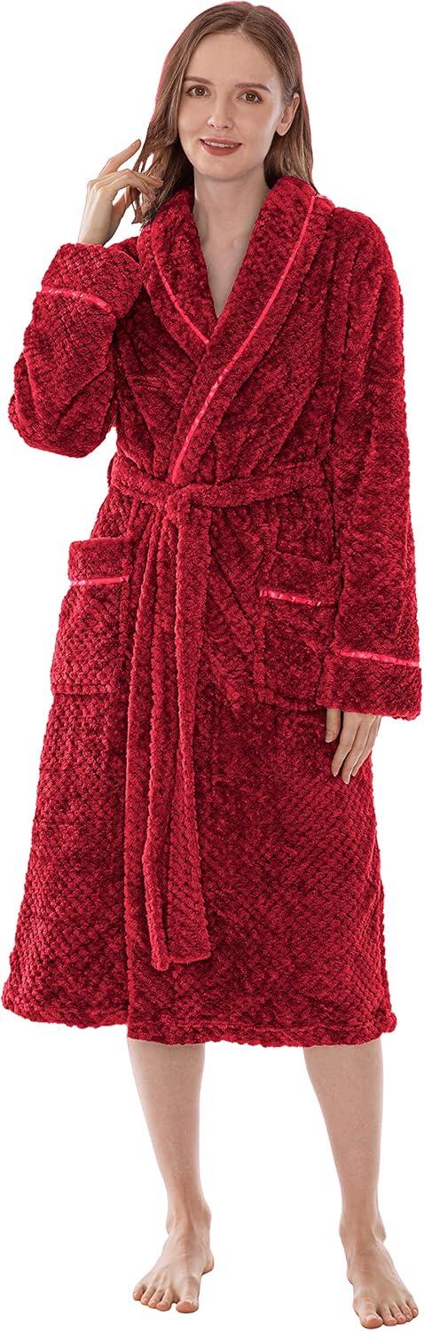 PAVILIA Women Plush Fleece Robe, Soft Textured Bathrobe, Lady Cozy Spa Long Robes, Fuzzy Satin Waffle Trim