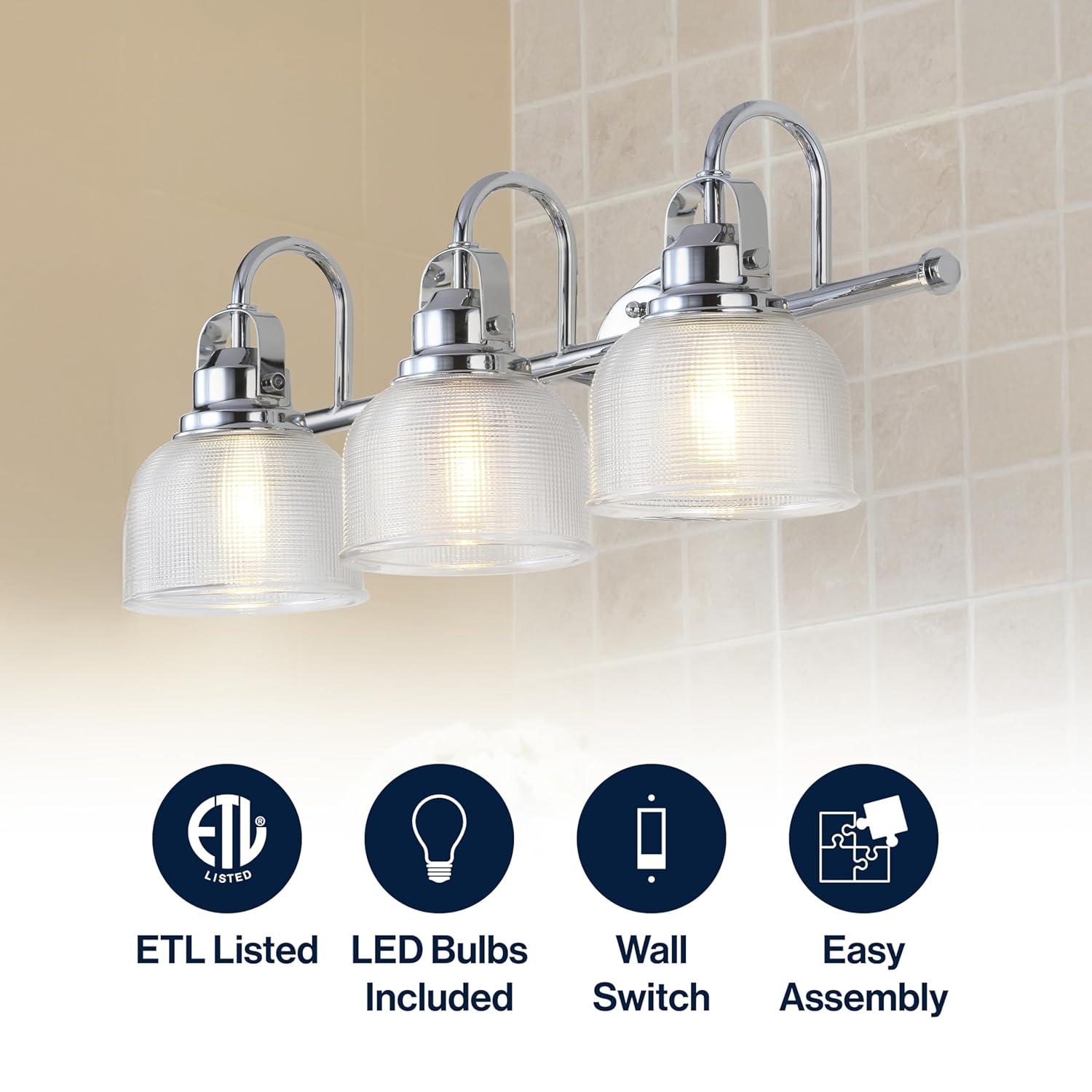 RADIANCE Goods Industrial-Style 3 Light Chrome Finish Bath Vanity Wall Fixture Clear Prismatic Glass 25" Wide