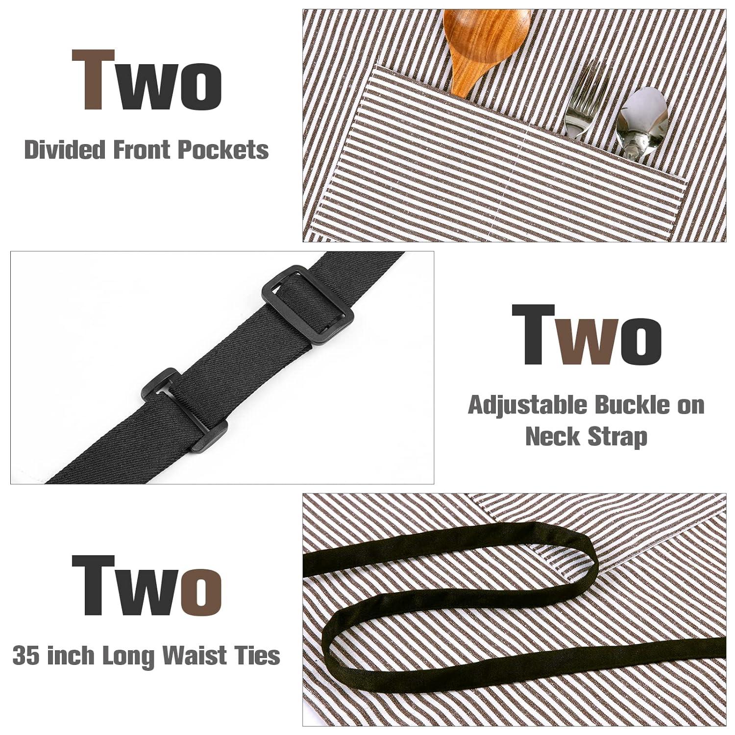 NLUS 2 Pack Cooking Aprons for Women Men with 2 Pockets, 29.5" x 26.8" (Black/Brown Stripes)