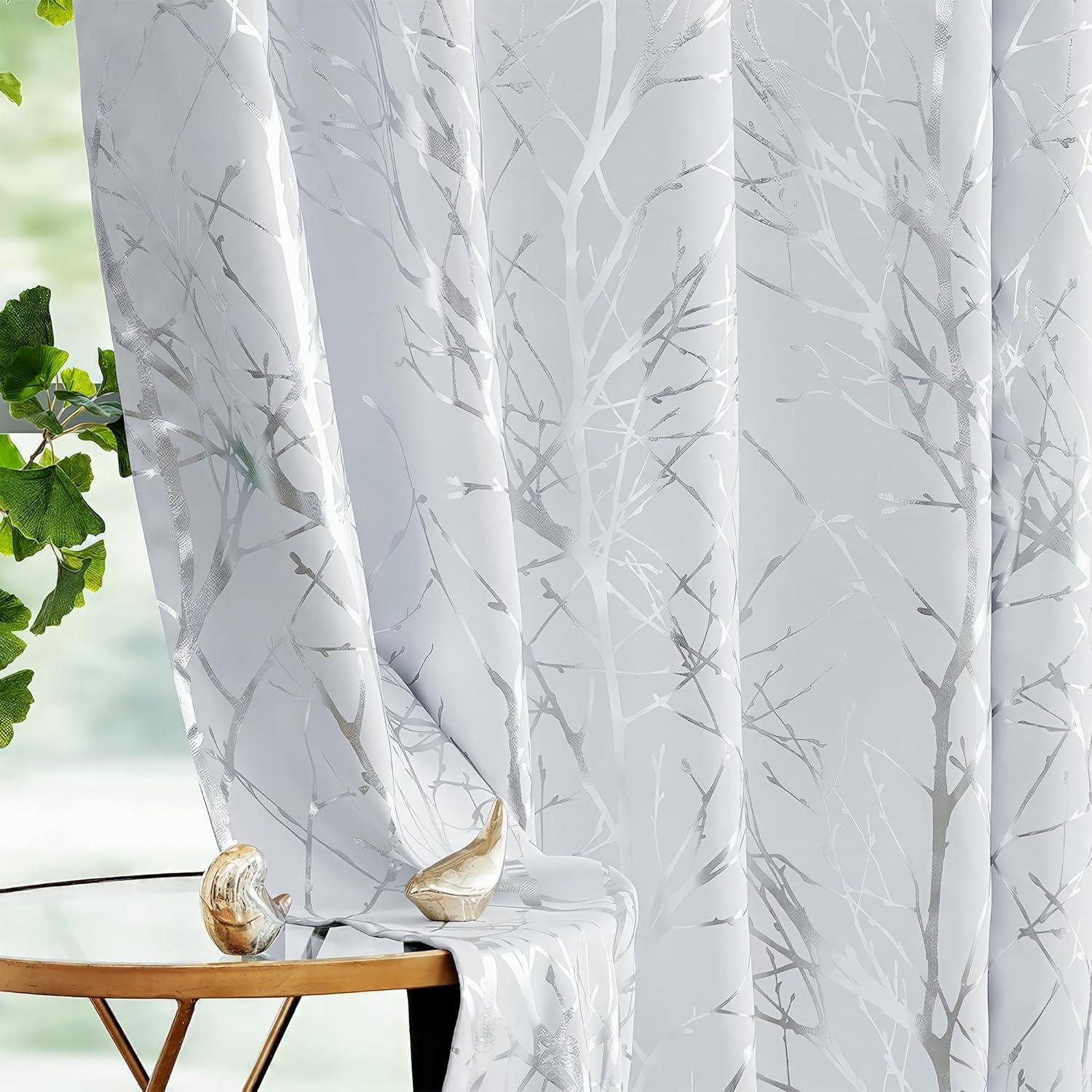 63-Inch Silver and White Blackout Grommet Curtains with Foil Branch Pattern