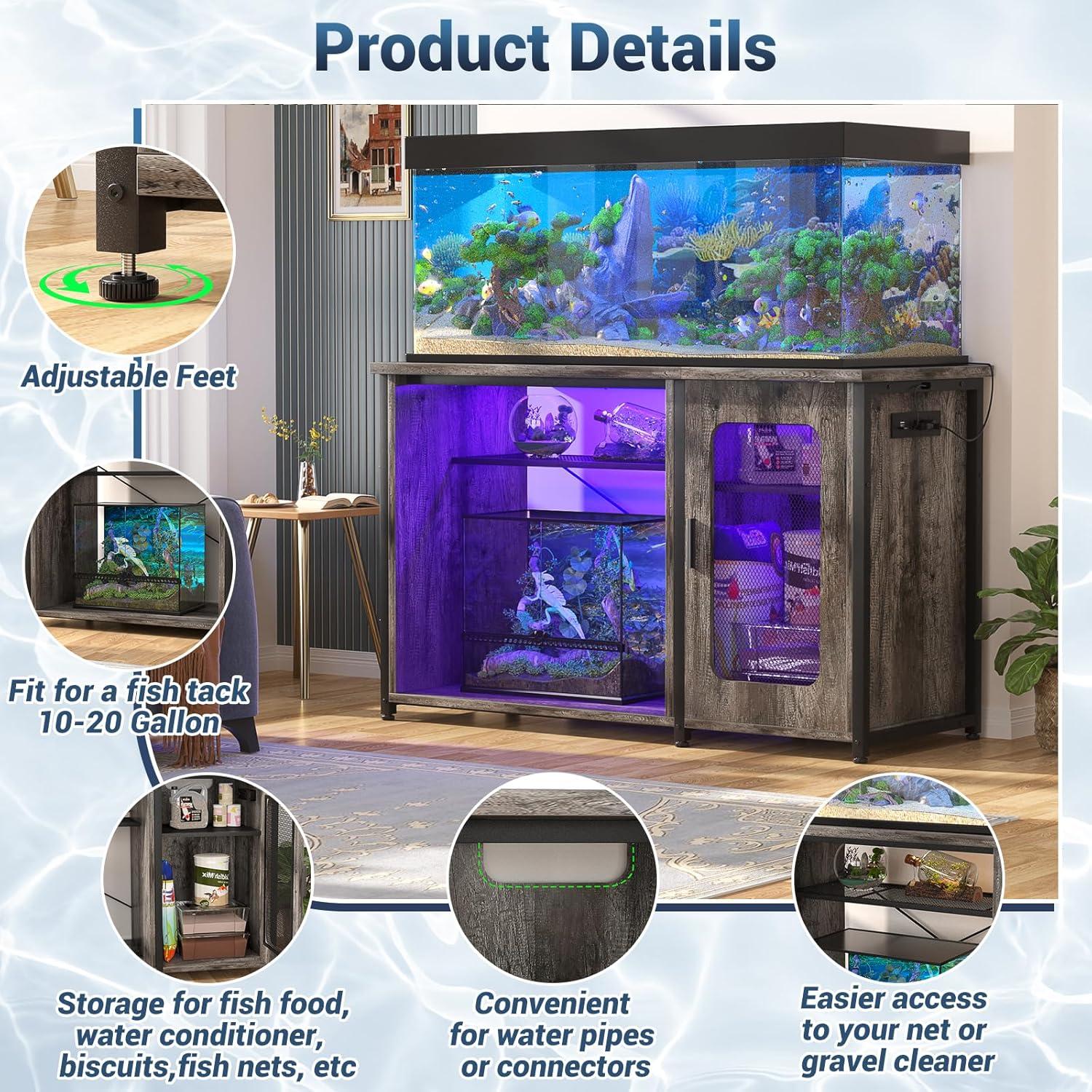 Homieasy Reptile Tank Stand Fish Tank Stand with Power Outlets & LED Light, 55-75 Gallon Reversible Terrarium Stand with Cabinet, Metal Aquarium Stand for Reptile Terrarium, Turtle Tank, Black Oak