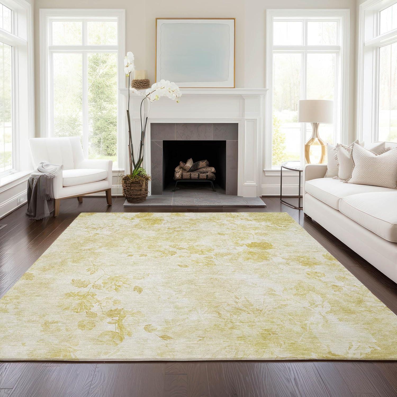 Gold Floral Synthetic Rectangular Washable Area Rug