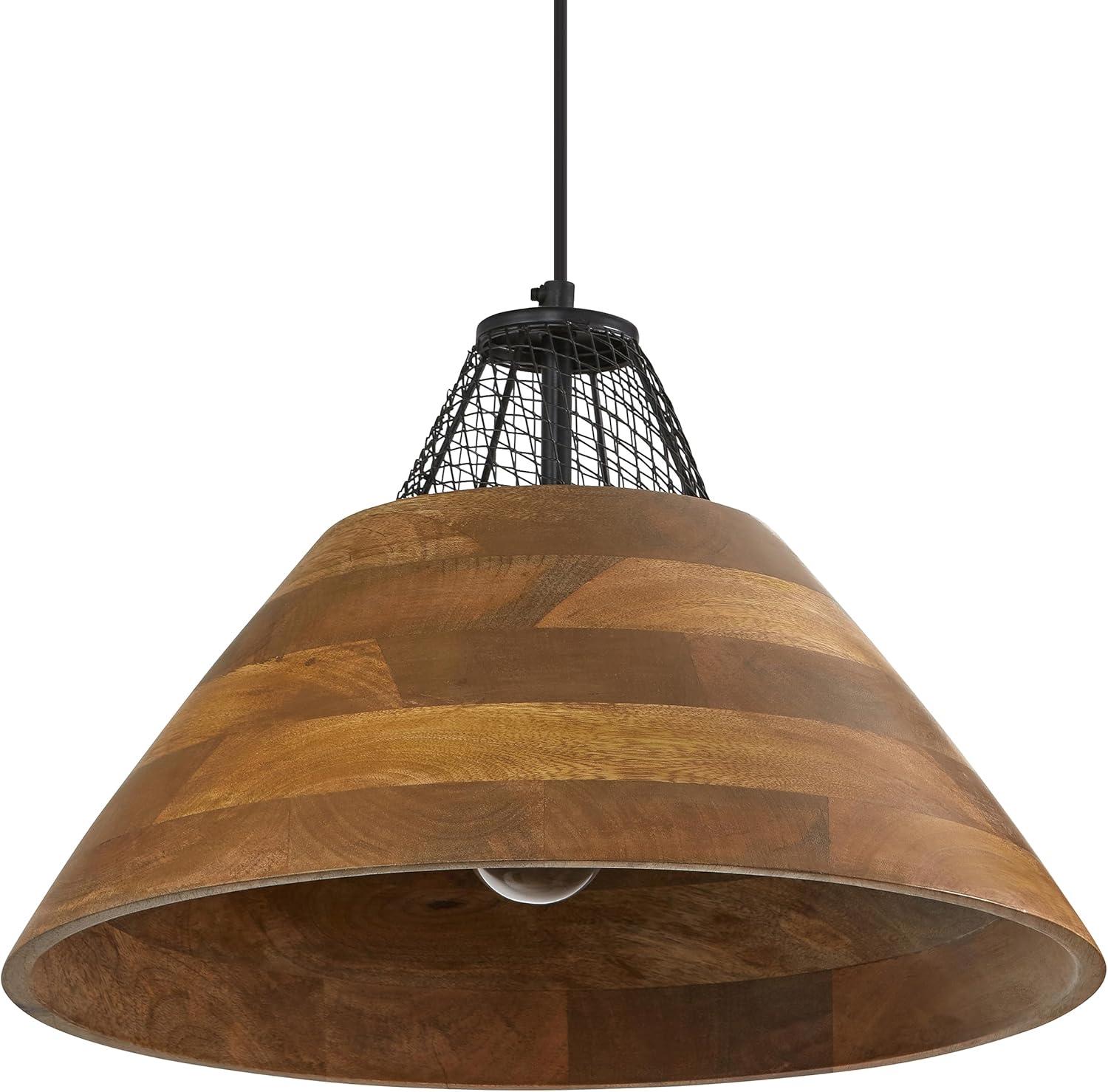 River of Goods 17.25" 1-Light Alainia Black Metal and Walnut-Stained Wood Pendant Light: Satin Finish, UL Listed, Adjustable Height